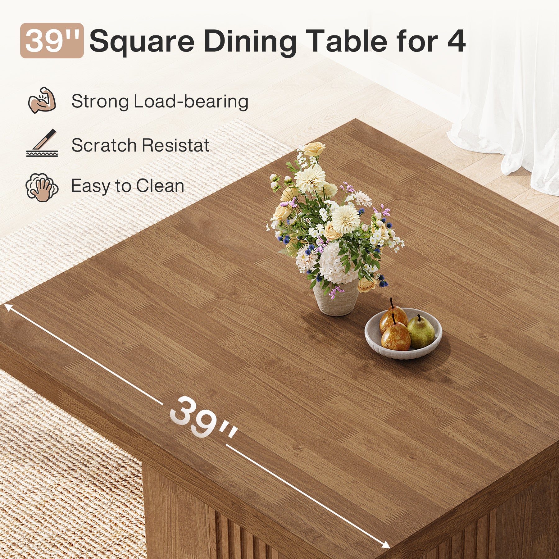 39" Dining Table, Farmhouse Square Kitchen Dinner Table for 4
