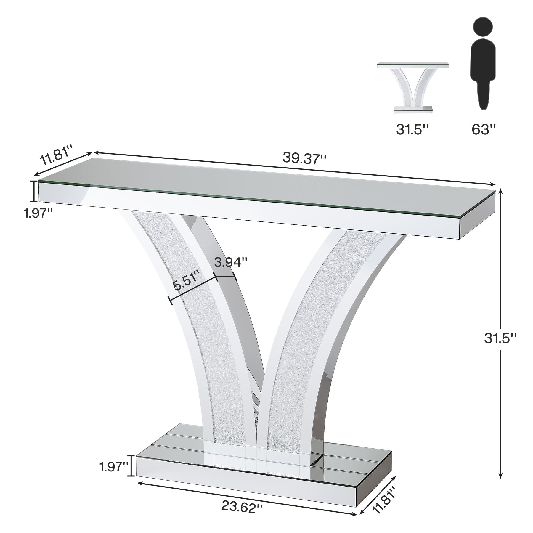 39" Mirrored Console Table, Modern Silver Entryway Table