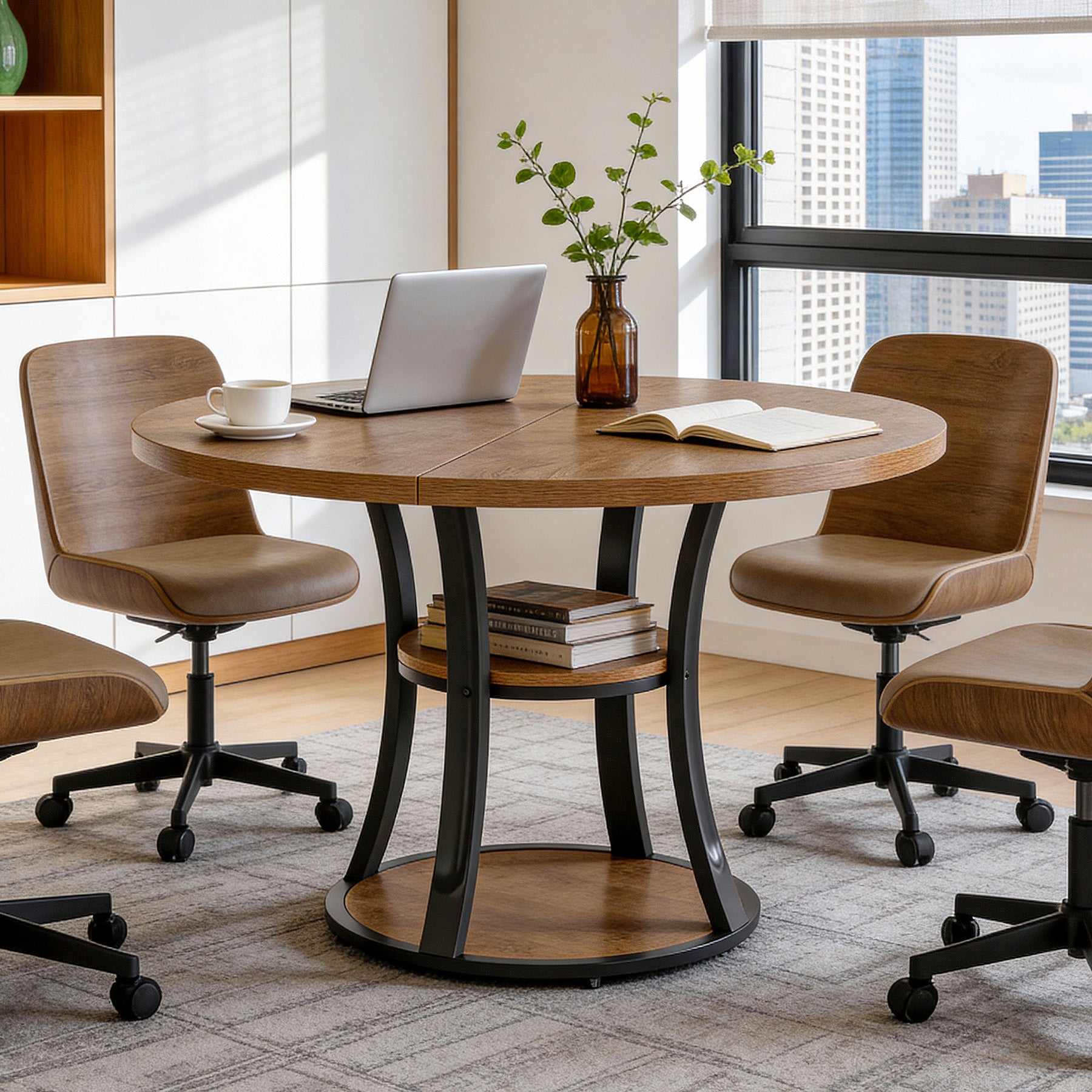 39" Small Conference Table, Modern Round Meeting Room Table for 2-4 People