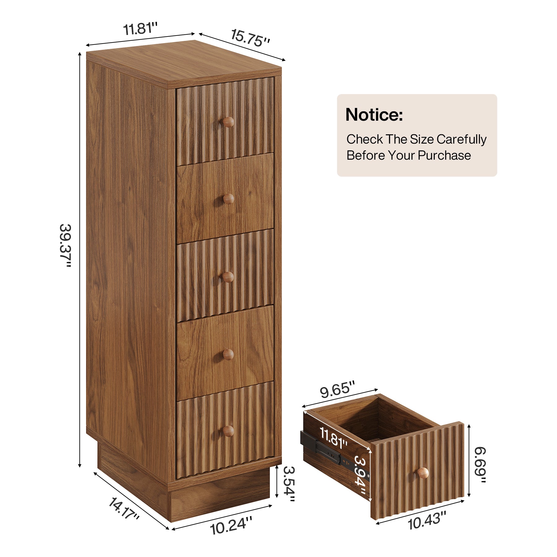 39" Wooden Bathroom Floor Cabinet, Tall Narrow Storage Cabinet with 5 Drawers