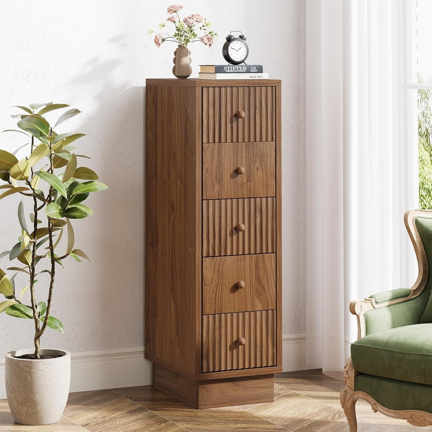 39" Wooden Bathroom Floor Cabinet, Tall Narrow Storage Cabinet with 5 Drawers