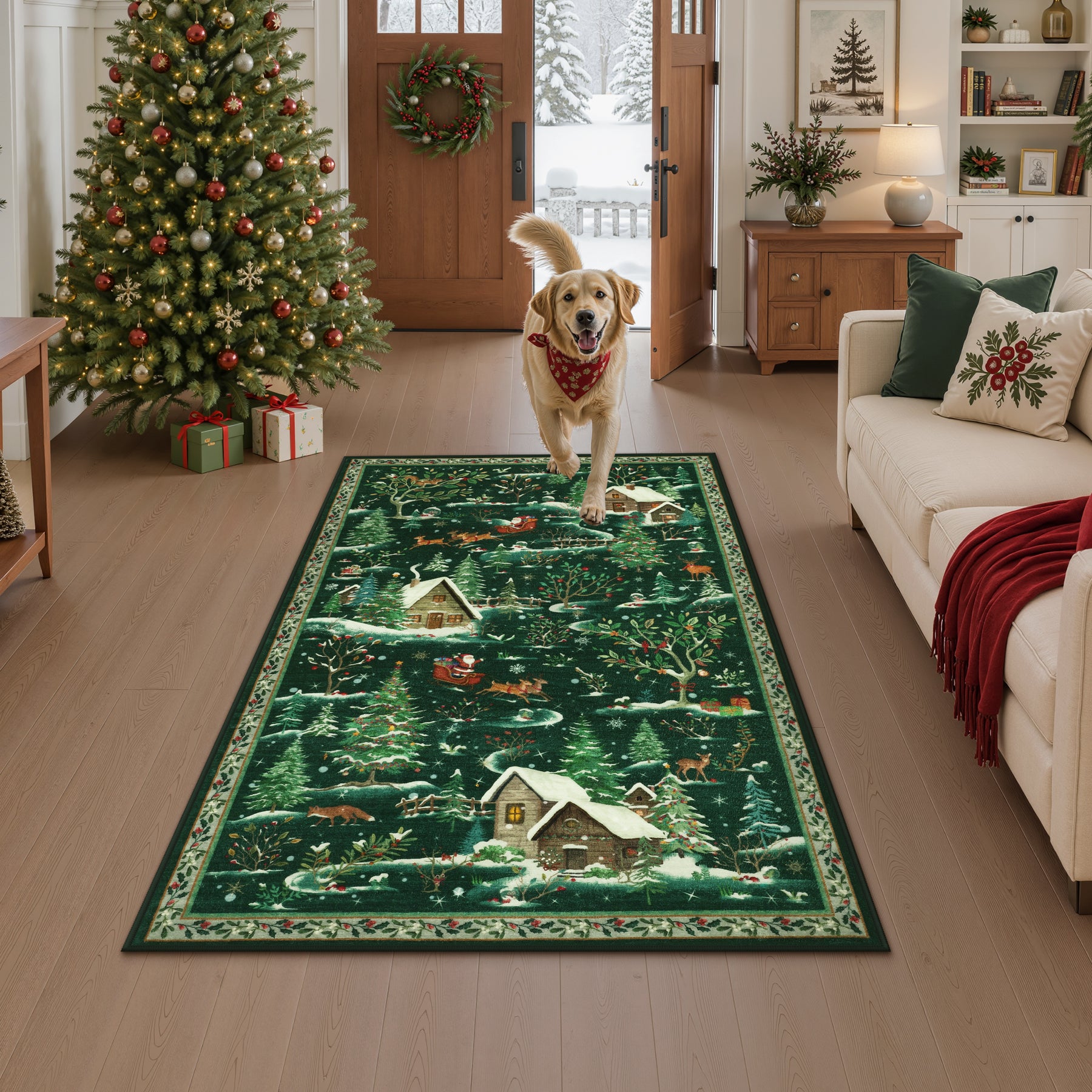 Christmas Snow Forest Washable Area Rug, Soft Holiday Scene Non-Slip Indoor Rug for Living Room Bedroom, Oeko-Tex Certified