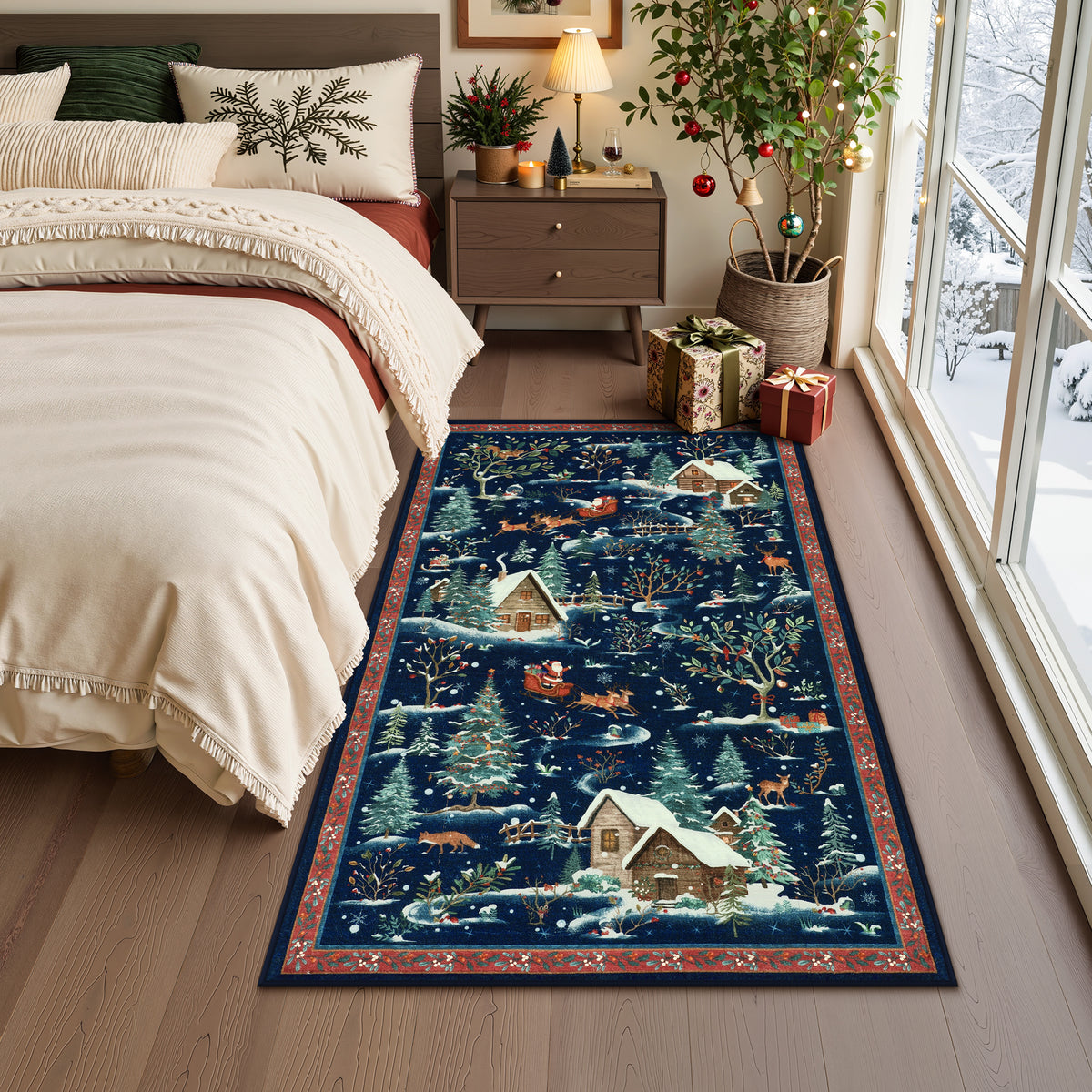 Christmas Snow Forest Washable Area Rug, Soft Holiday Scene Non-Slip Indoor Rug for Living Room Bedroom, Oeko-Tex Certified
