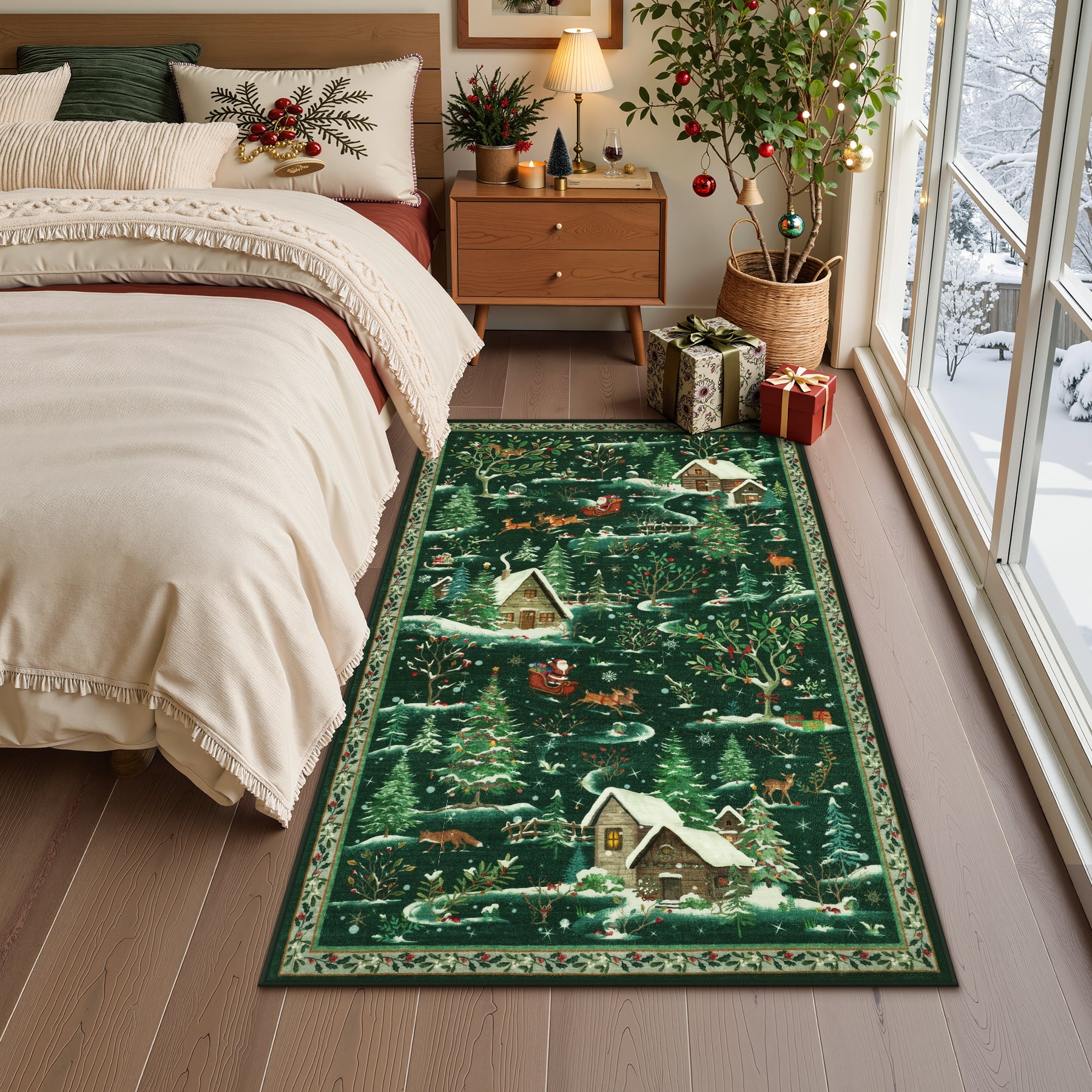 Christmas Snow Forest Washable Area Rug, Soft Holiday Scene Non-Slip Indoor Rug for Living Room Bedroom, Oeko-Tex Certified