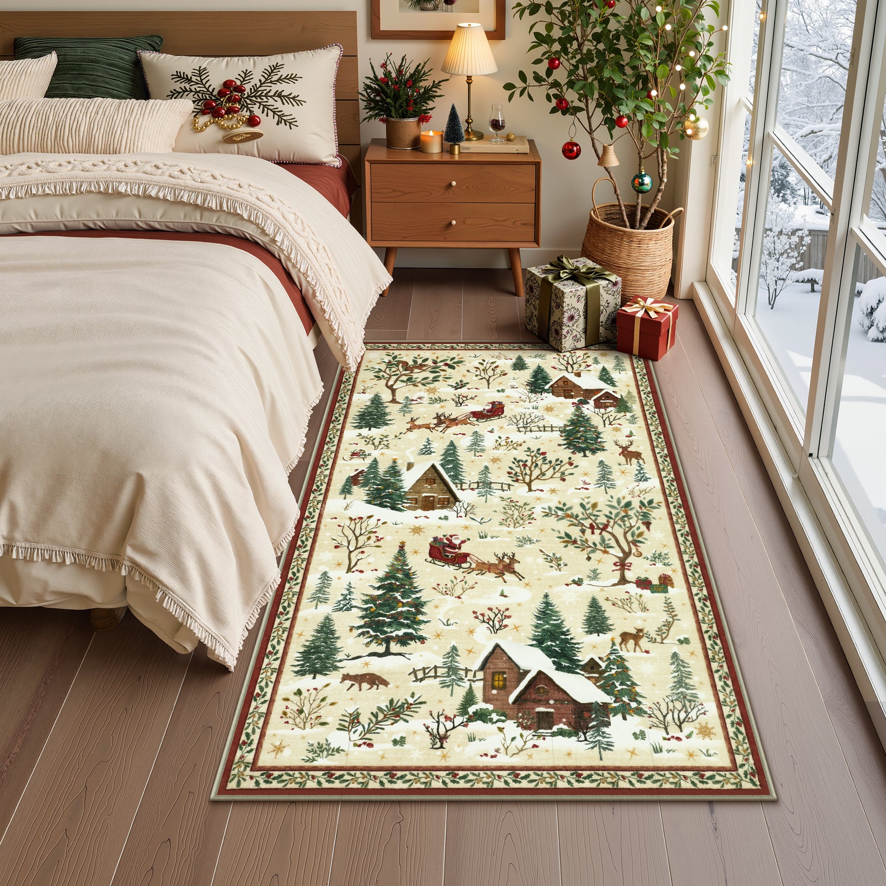 Christmas Snow Forest Washable Area Rug, Soft Holiday Scene Non-Slip Indoor Rug for Living Room Bedroom, Oeko-Tex Certified