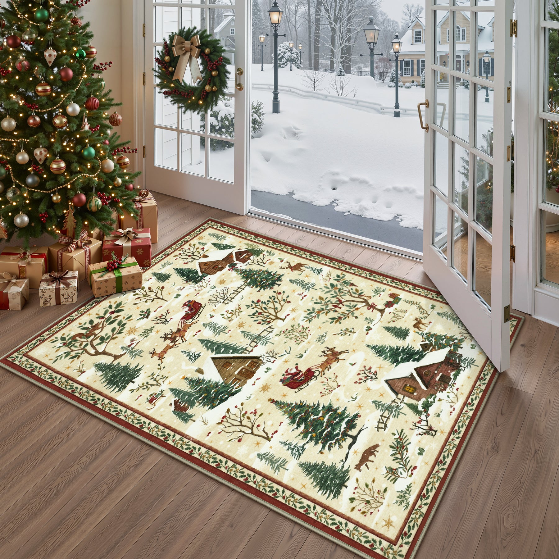 Christmas Snow Forest Washable Area Rug, Soft Holiday Scene Non-Slip Indoor Rug for Living Room Bedroom, Oeko-Tex Certified
