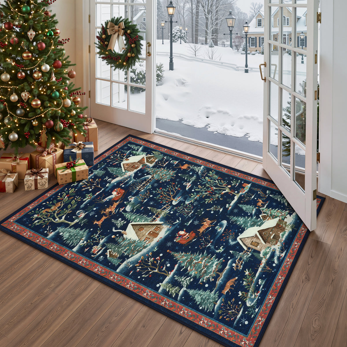 Christmas Snow Forest Washable Area Rug, Soft Holiday Scene Non-Slip Indoor Rug for Living Room Bedroom, Oeko-Tex Certified