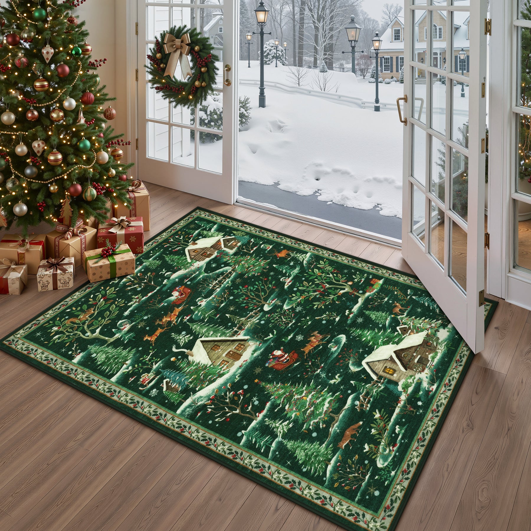 Christmas Snow Forest Washable Area Rug, Soft Holiday Scene Non-Slip Indoor Rug for Living Room Bedroom, Oeko-Tex Certified