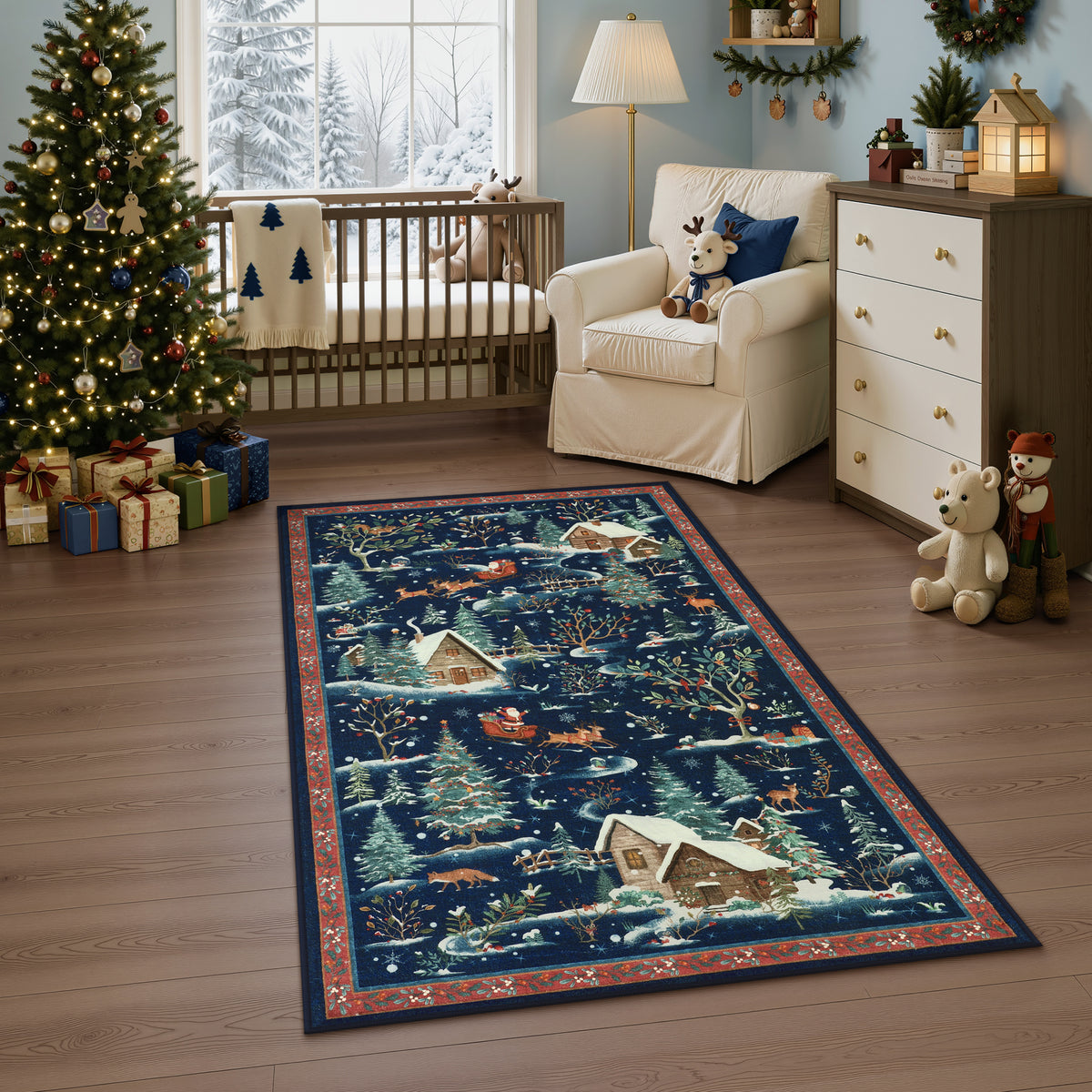Christmas Snow Forest Washable Area Rug, Soft Holiday Scene Non-Slip Indoor Rug for Living Room Bedroom, Oeko-Tex Certified