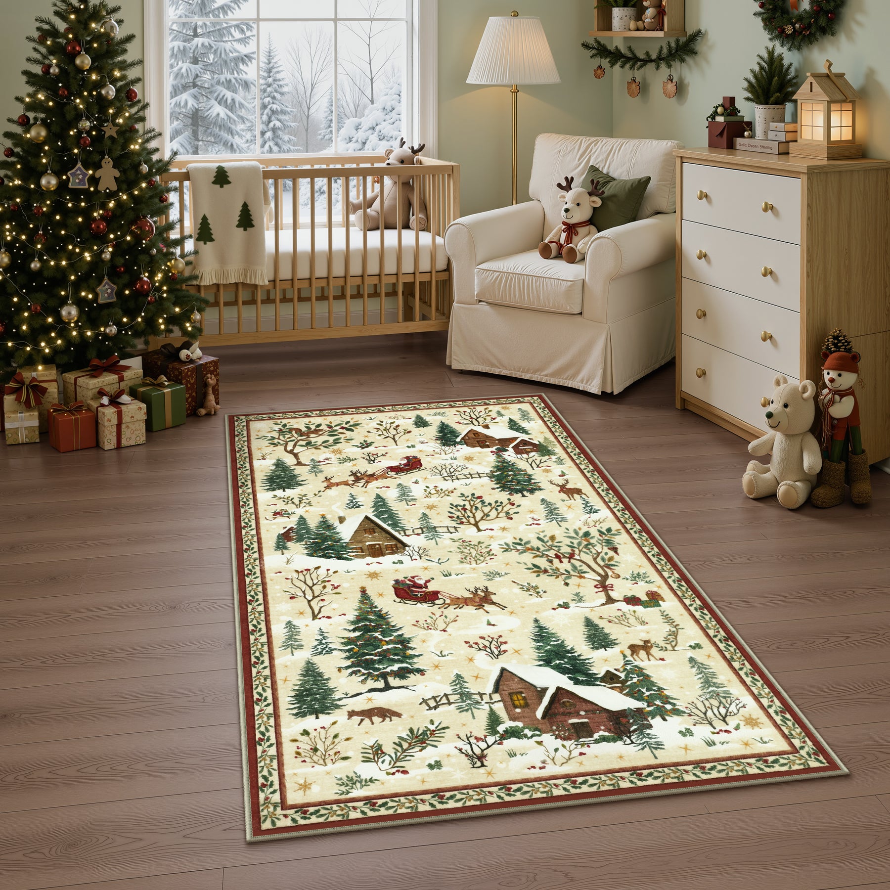 Christmas Snow Forest Washable Area Rug, Soft Holiday Scene Non-Slip Indoor Rug for Living Room Bedroom, Oeko-Tex Certified