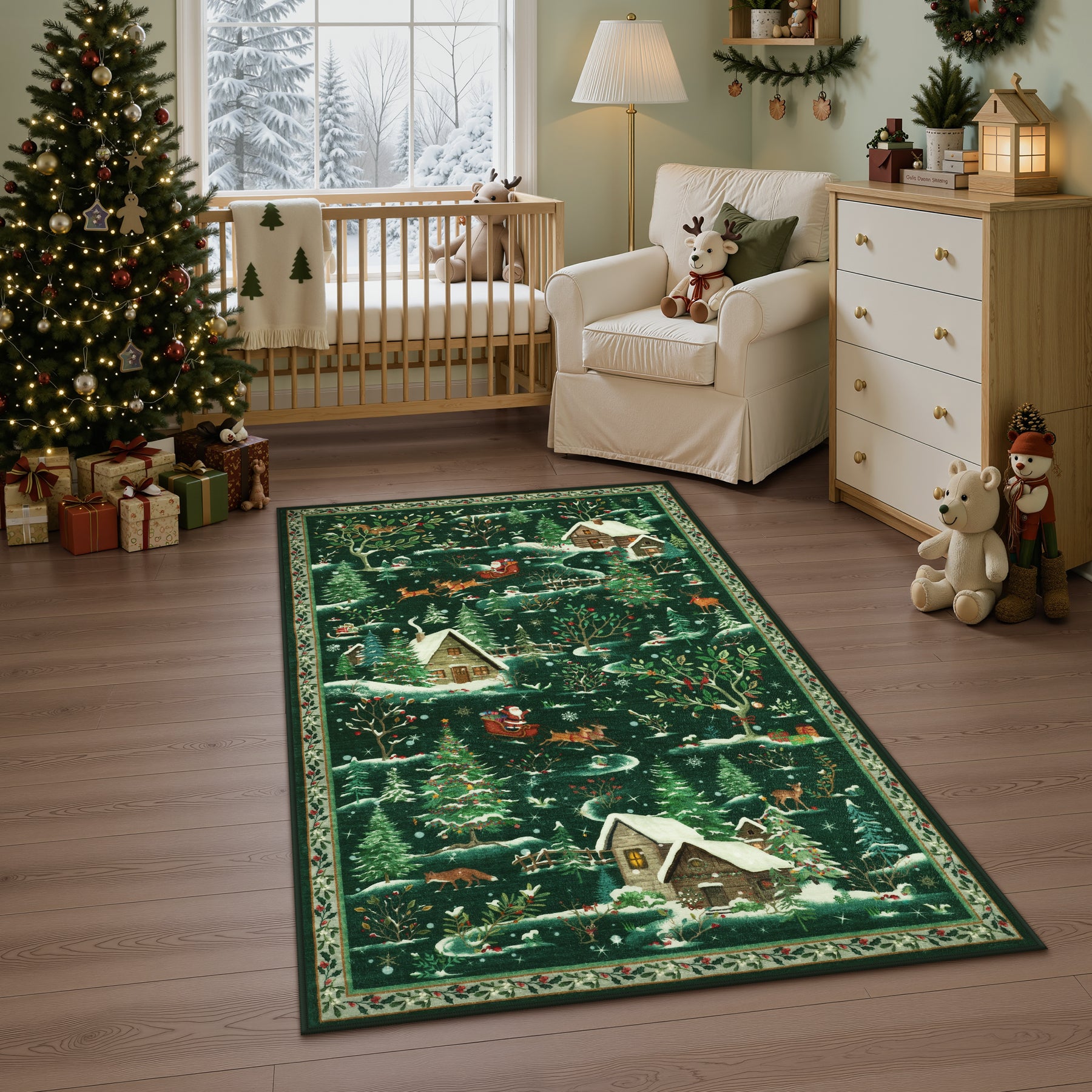 Christmas Snow Forest Washable Area Rug, Soft Holiday Scene Non-Slip Indoor Rug for Living Room Bedroom, Oeko-Tex Certified