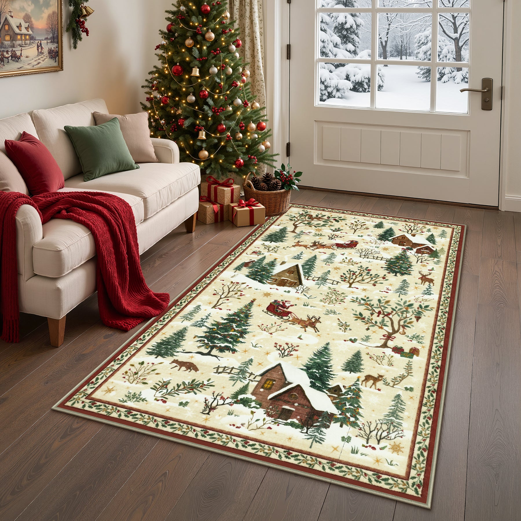 Christmas Snow Forest Washable Area Rug, Soft Holiday Scene Non-Slip Indoor Rug for Living Room Bedroom, Oeko-Tex Certified