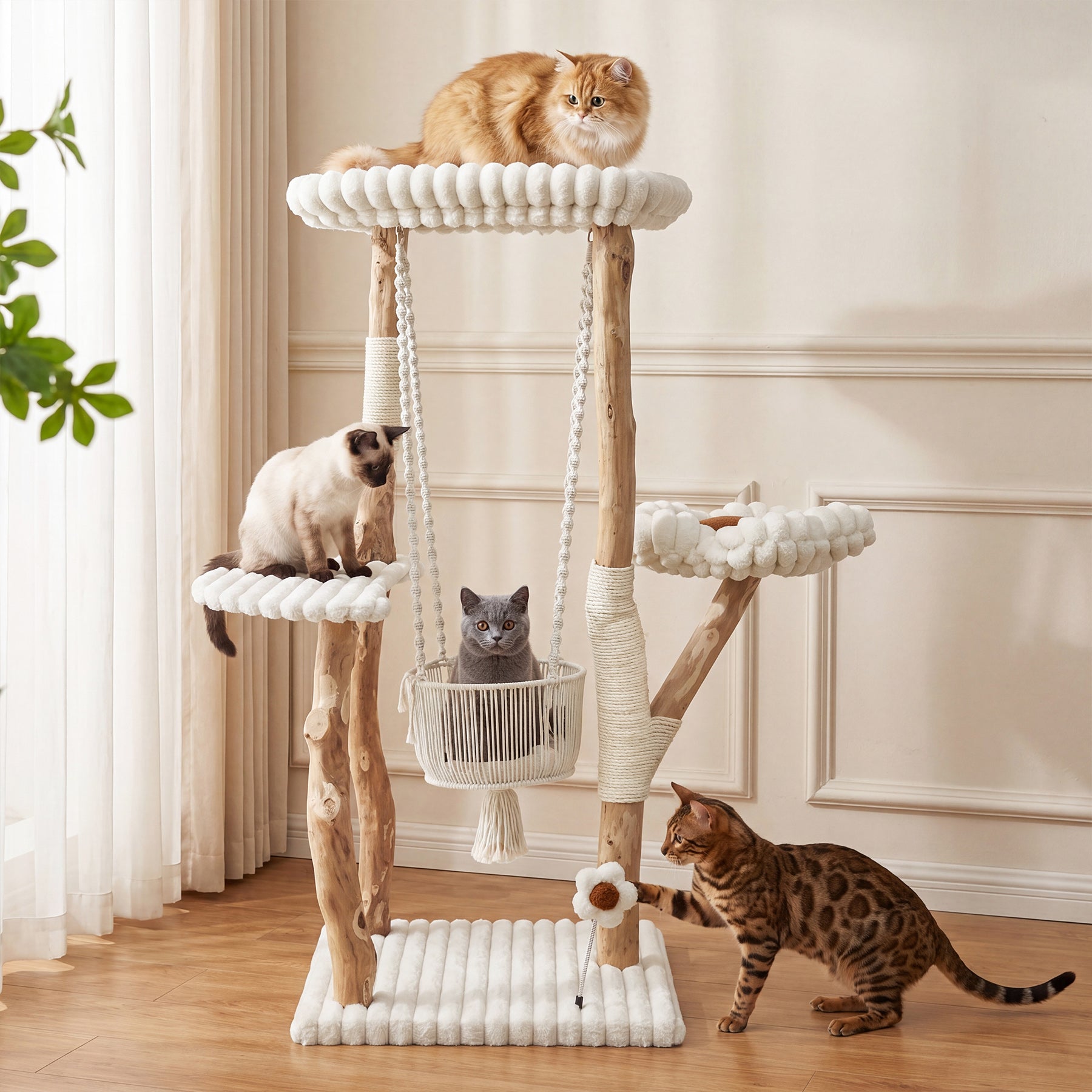 55" Solid Wood Cat Tree with Scratching Posts, Cat Tower with Swinging Basket, Washable Cushion, Dangling Toy