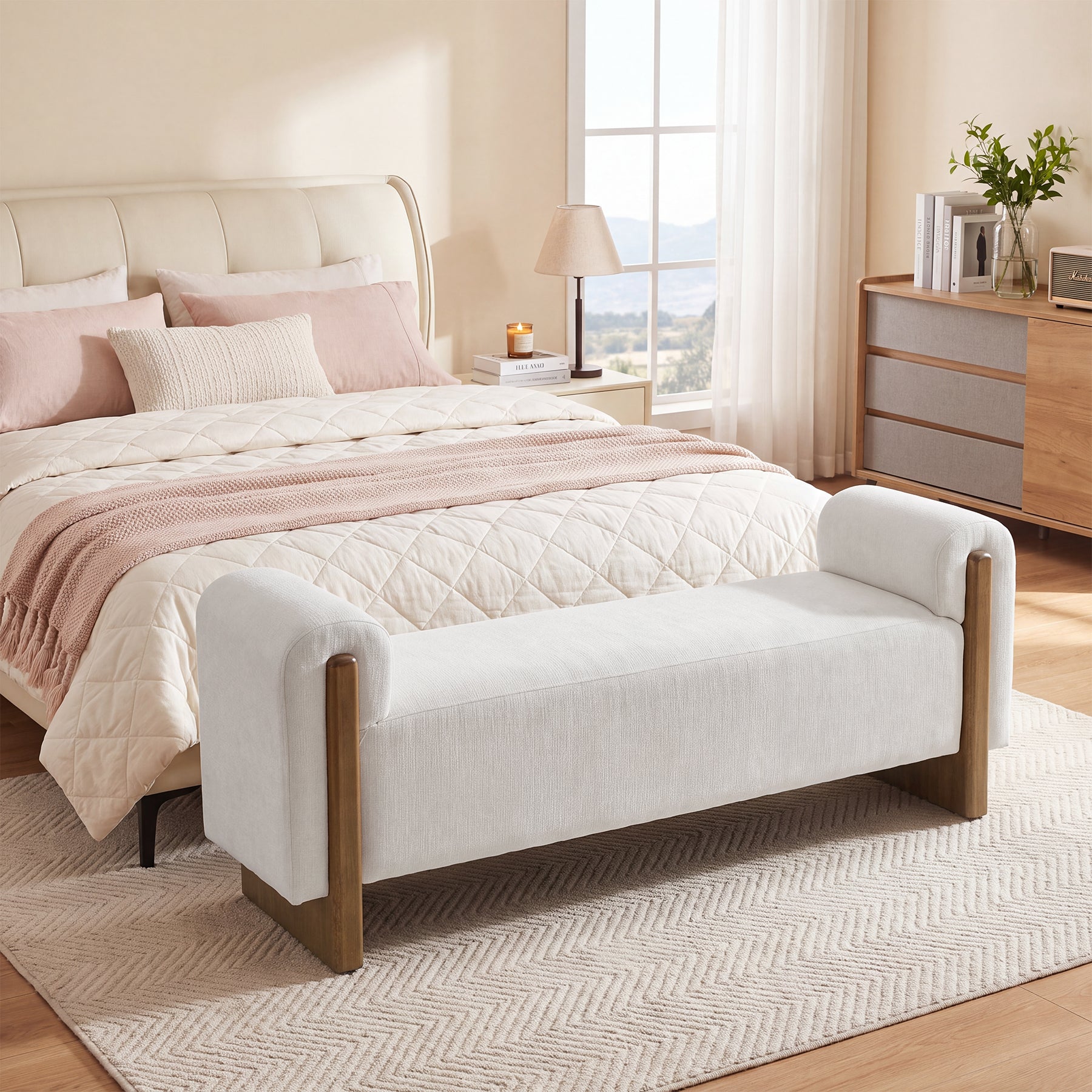 55" End of Bed Bench with Arms, Modern Upholstered Bedroom Bench, Solid Wood Base