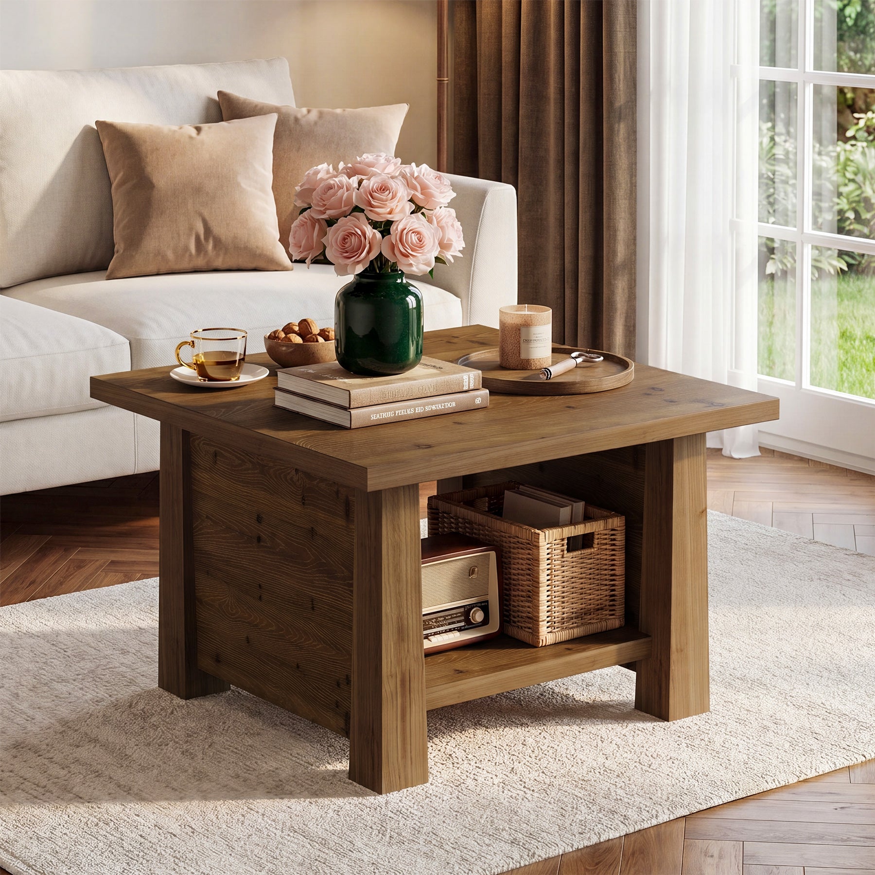31.5" Solid Wood Coffee Table, Farmhouse 2-Tier Wooden Square Center Table