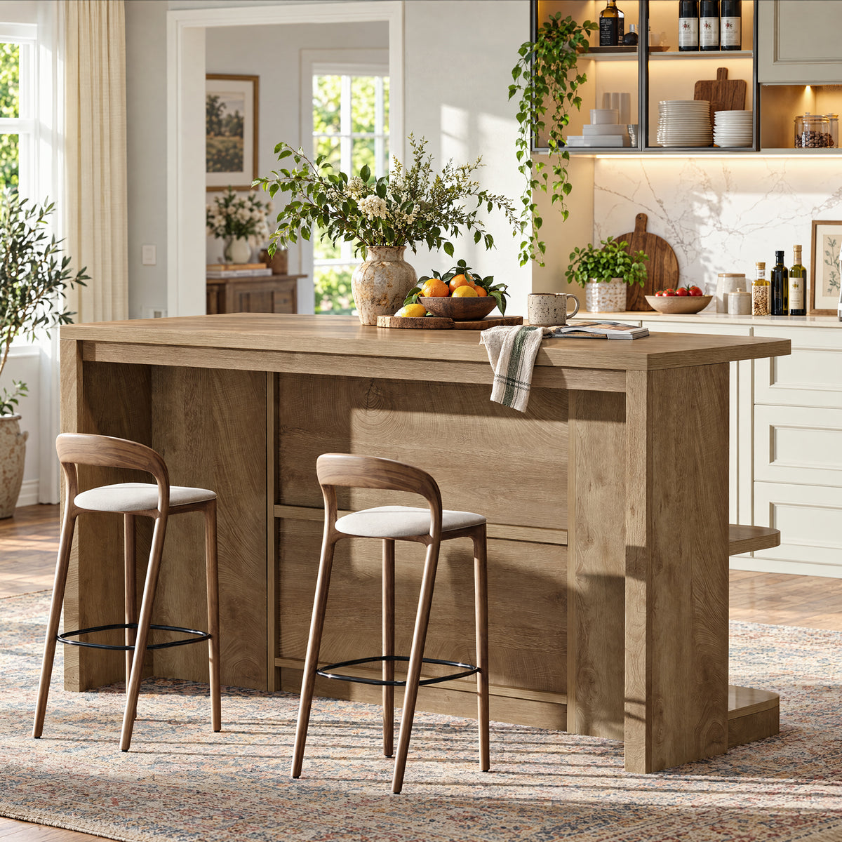 63" Kitchen Island with Storage Shelves & Seating Space, Stationary Island Table