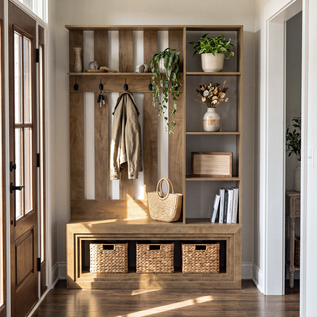 70.9" Room Divider, Farmhouse Wall Partition with Storage Shelves, 5 Hooks & Shoe Bench