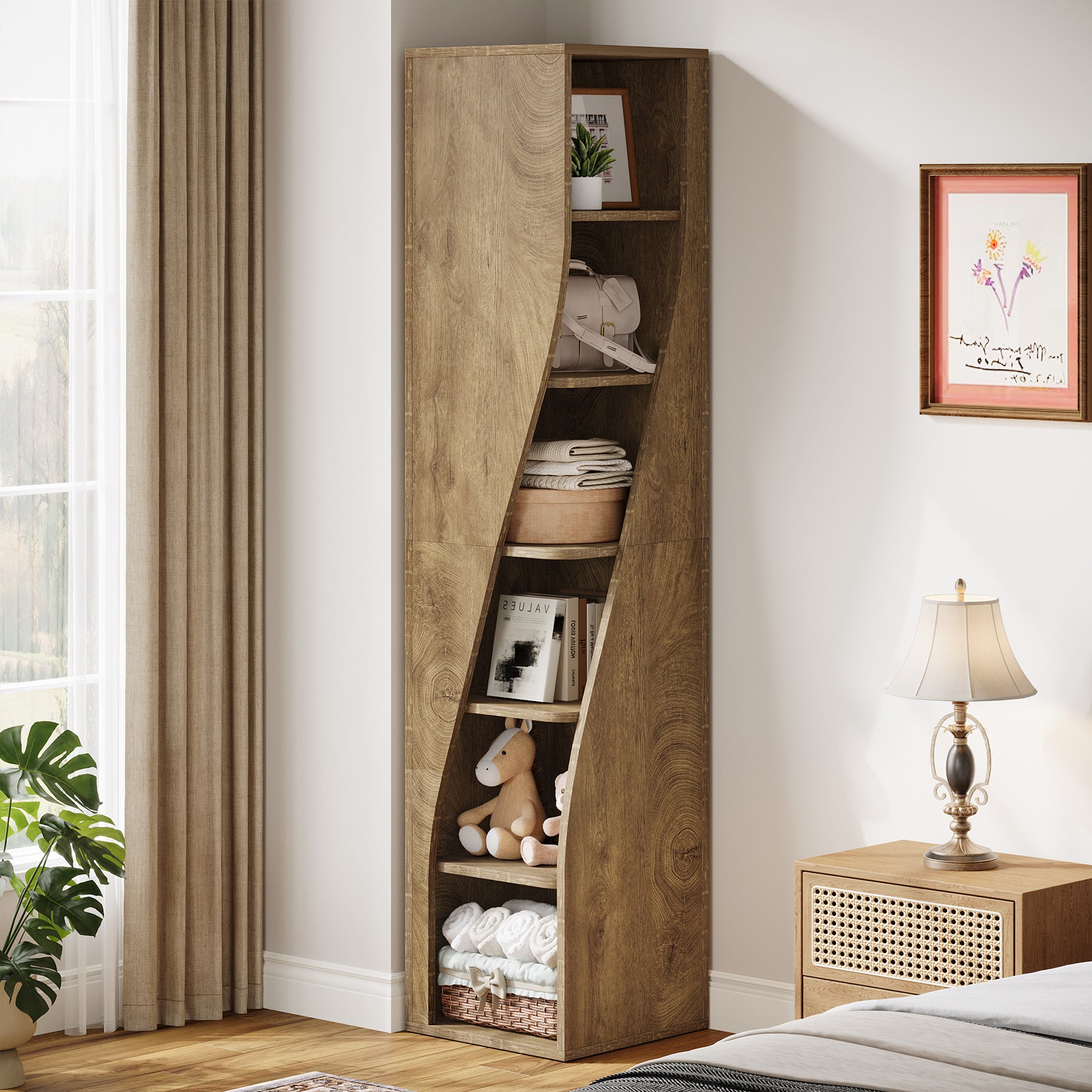 6-Tier Corner Bookcase, 70.8" Narrow Freestanding Bookshelf with Storage Shelves