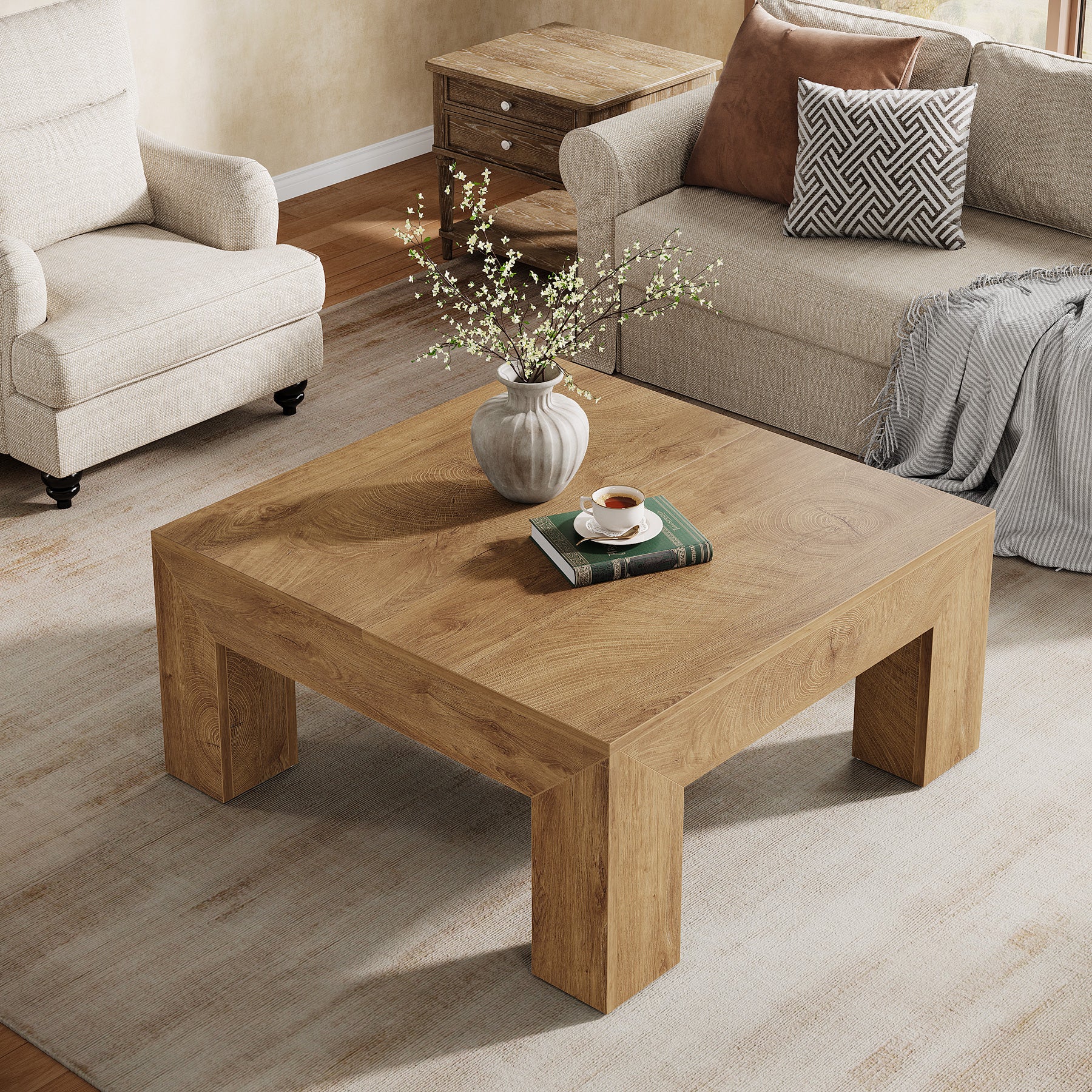 Square Coffee Table, 39.37"  Center Tea Accent Table with Sturdy Legs