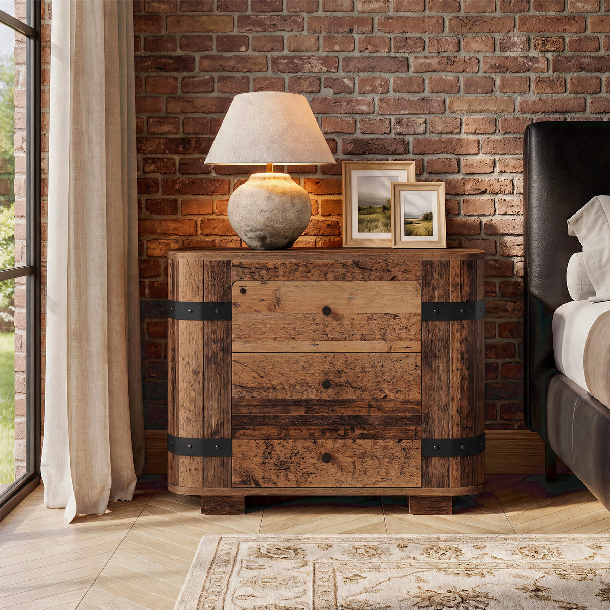 Oversized 3 Drawer Nightstand, Extra Wide Rustic Large Bedside Table, Bedroom