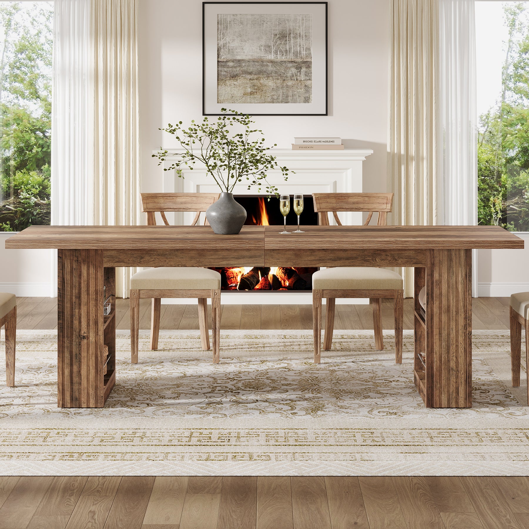 79” Farmhouse Dining Table, Large Kitchen Table with Storage Shelves for Dining Room & Kitchen