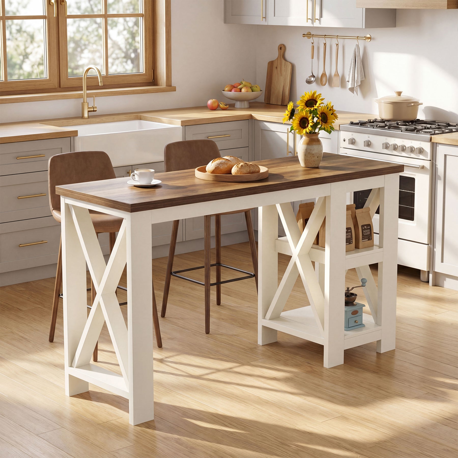 62.2" Kitchen Island, Large Counter Height Bar Table with Side Storage Shelves