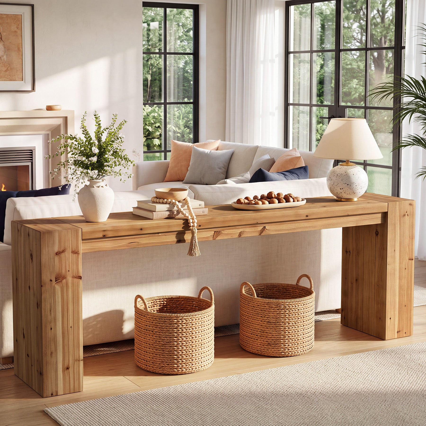 79" Extra Long Console Table, Solid Wood Narrow Sofa Table, Farmhouse Chunky Legs, Entryway