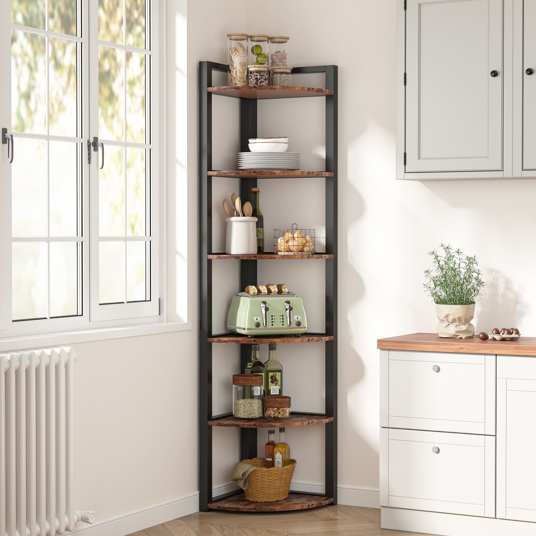 6-Tier Corner Shelf, 70.9 Inch Tall Corner Bookshelf Small Bookcase Rustic Corner Shelving Unit Storage Rack