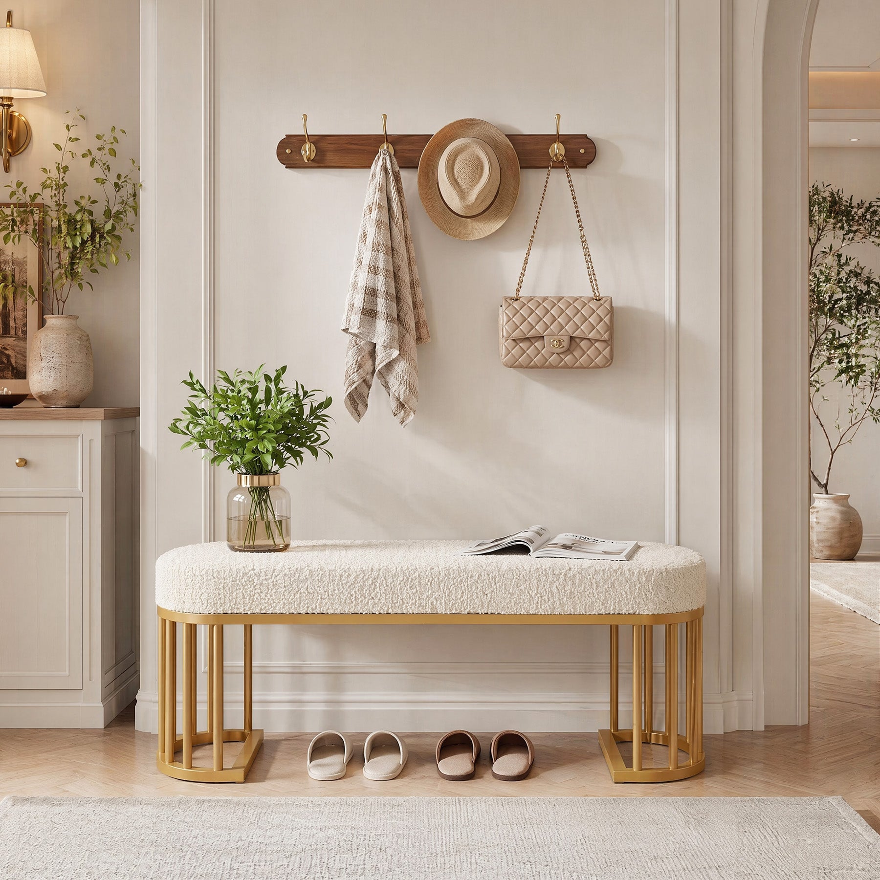47.24" Upholstered Shoe Bench, Modern Entryway Bench with Sherpa Fabric Seat and Metal Frame