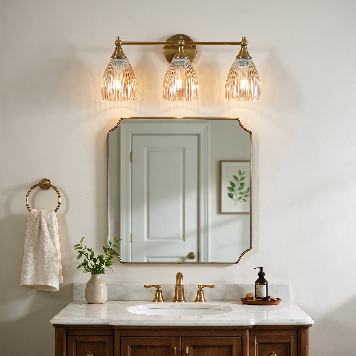 3-Light 22" Bathroom Vanity Light, Brushed Brass Wall Sconce with Amber Glass