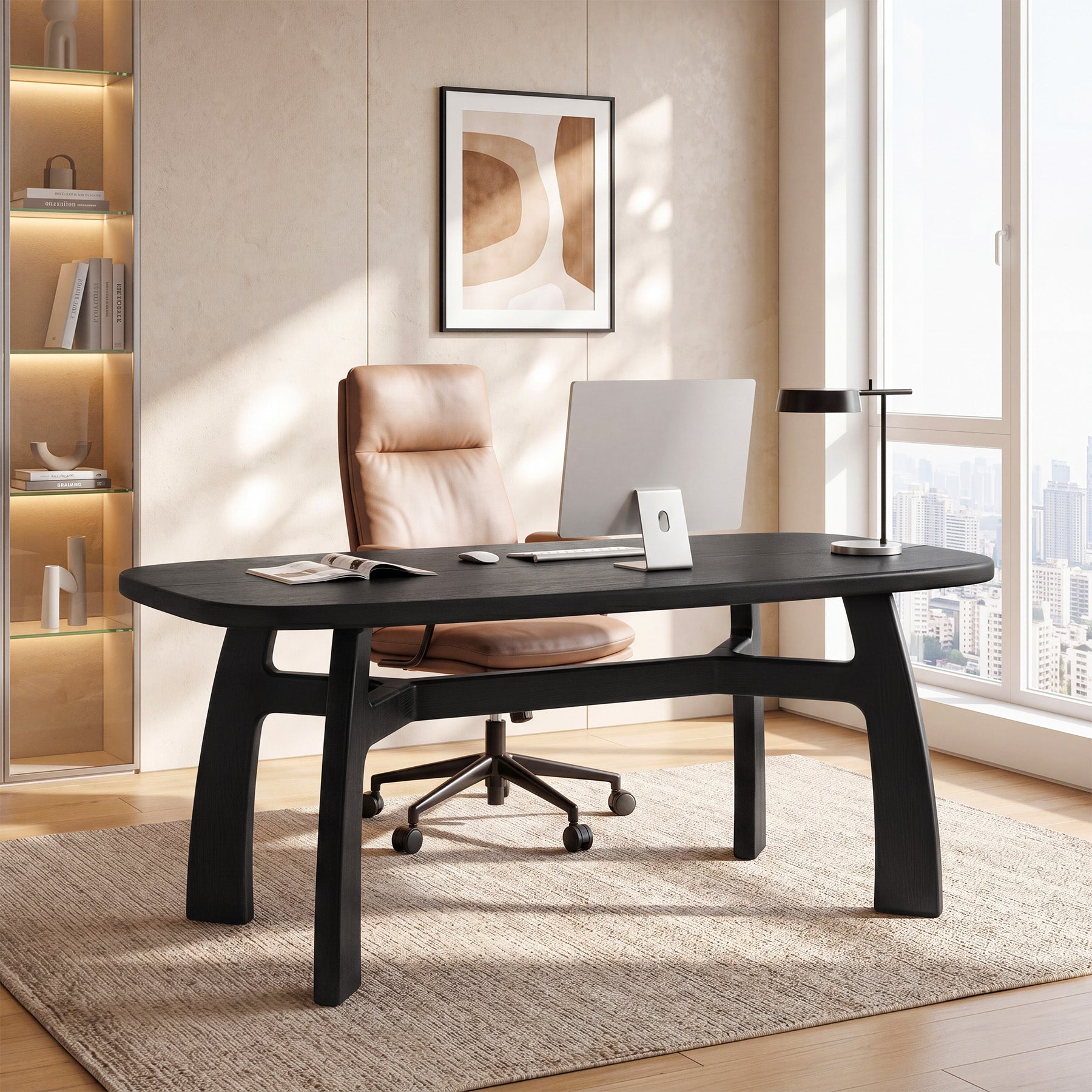 Tribesigns 63-Inch Computer Desk, Solid Wood Office Desk with Boat-Shaped Top for Home Office