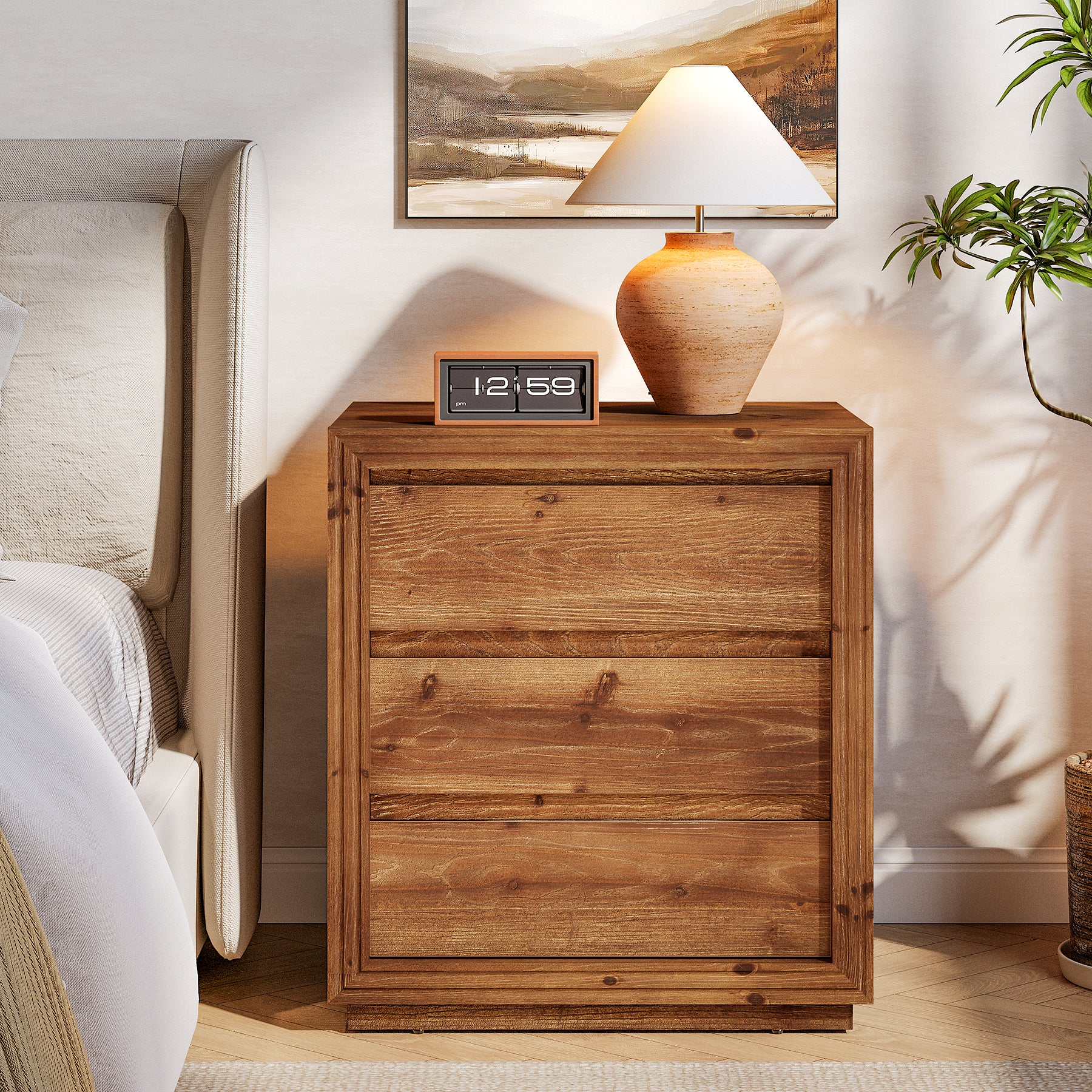 Solid Wood Farmhouse Nightstand, 3-Drawer 23.62"  Bedside Table with Storage