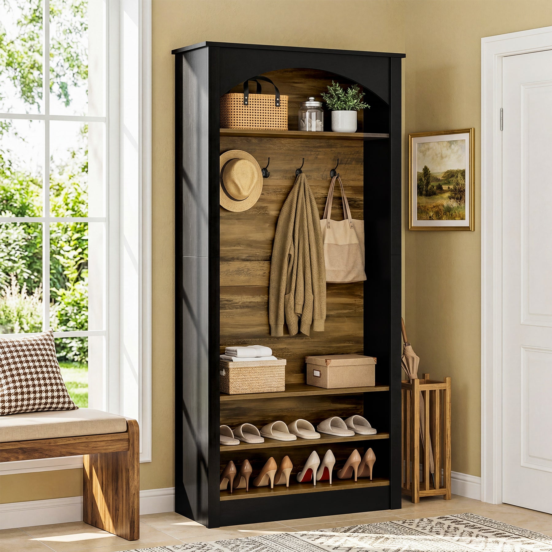 74.8" Hall Tree, 3-Tier Farmhouse Shoe Rack with Coat Rack for Entryway