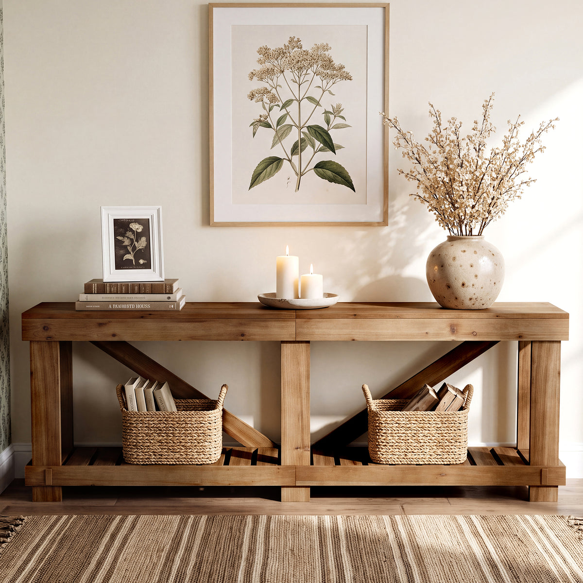 79" Solid Wood Console Table, Narrow Sofa Table with Open Slatted Shelf for Entryway