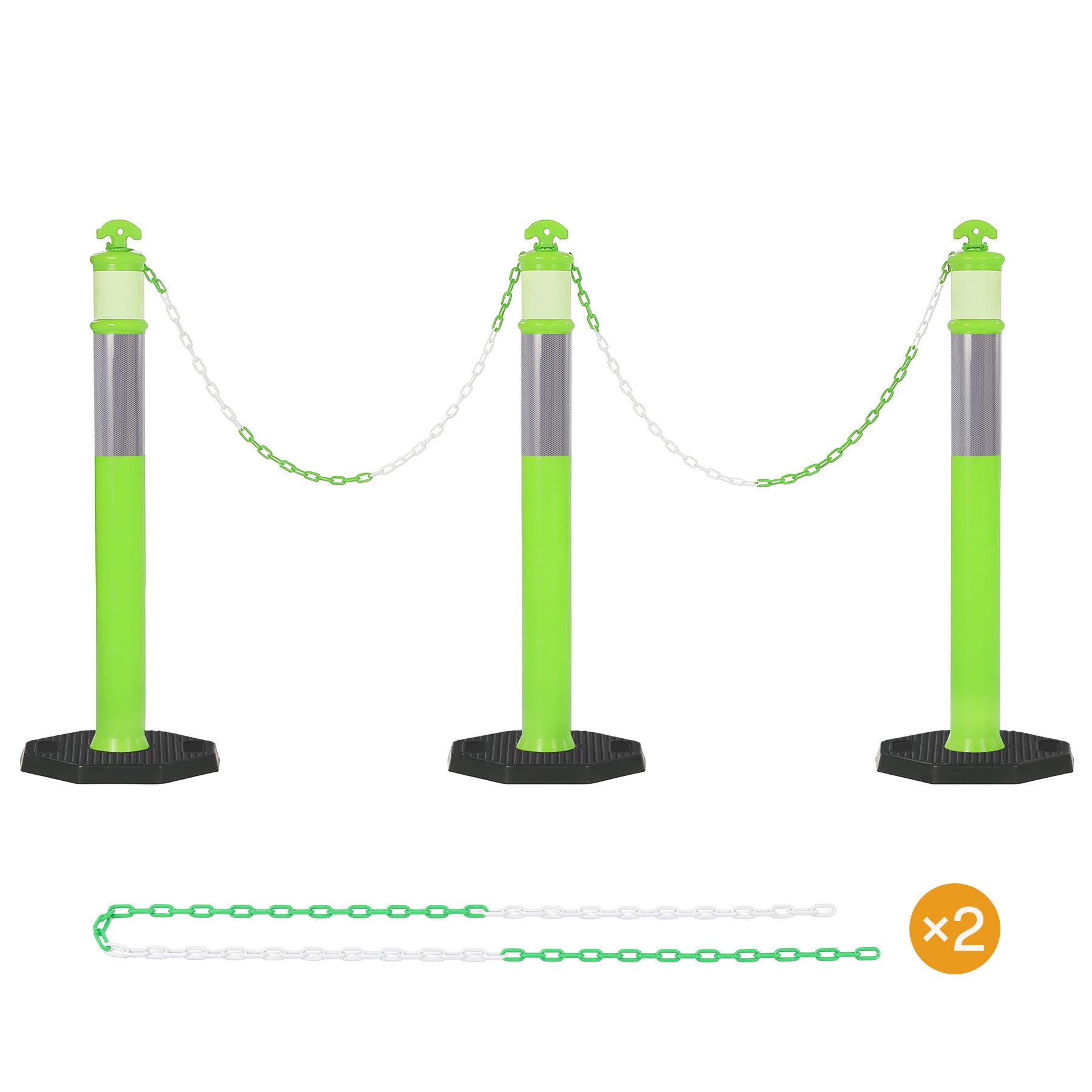 45" Reflective & Glow-in-the-Dark Traffic Delineator Posts with Heavy Rubber Base & Connecting Chains
