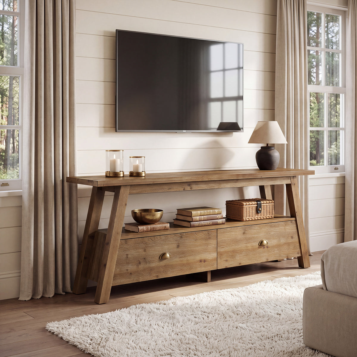 63" TV Stand for TVs Up to 70", Solid Wood 2-Tier Media Console with Drawers