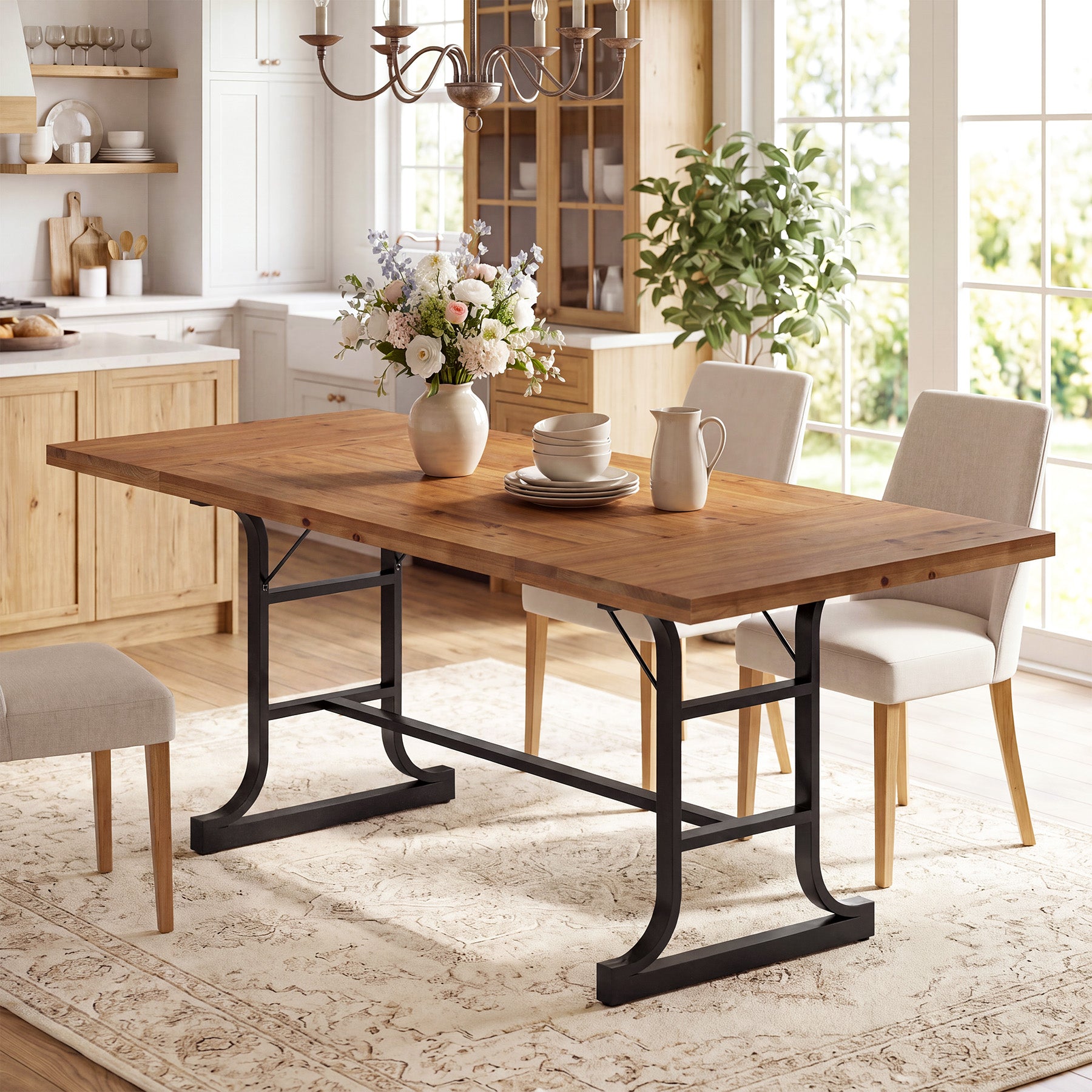 63" Solid Wood Dining Table for 4-6, Rectangular Kitchen Table with Metal Legs, Farmhouse