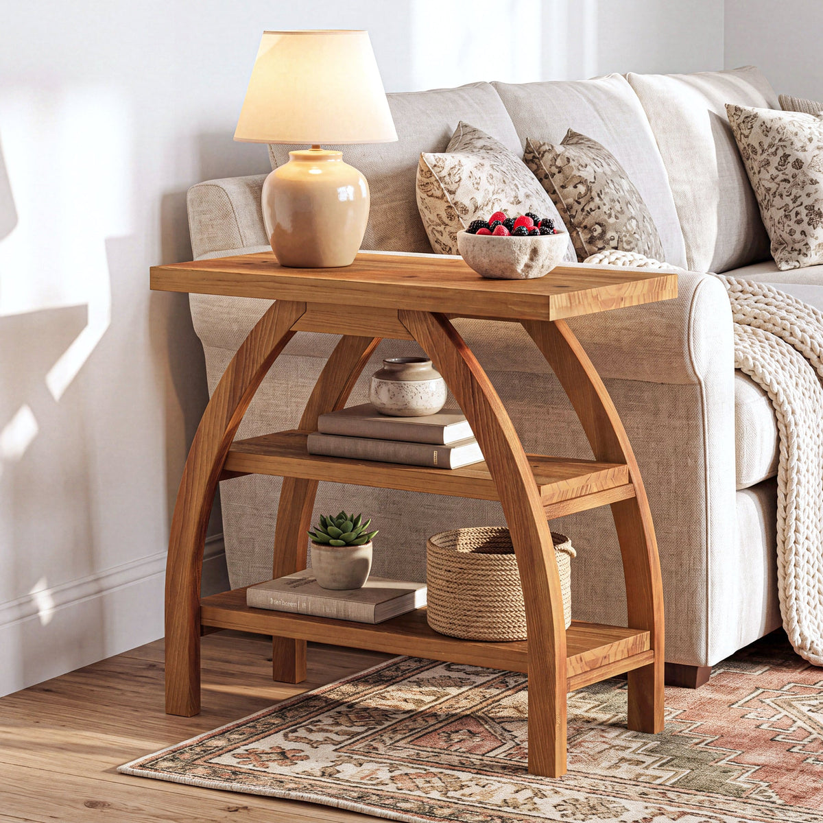 23.6" Solid Wood End Table, 3-Tier Farmhouse Side Table with Arched Leg Design
