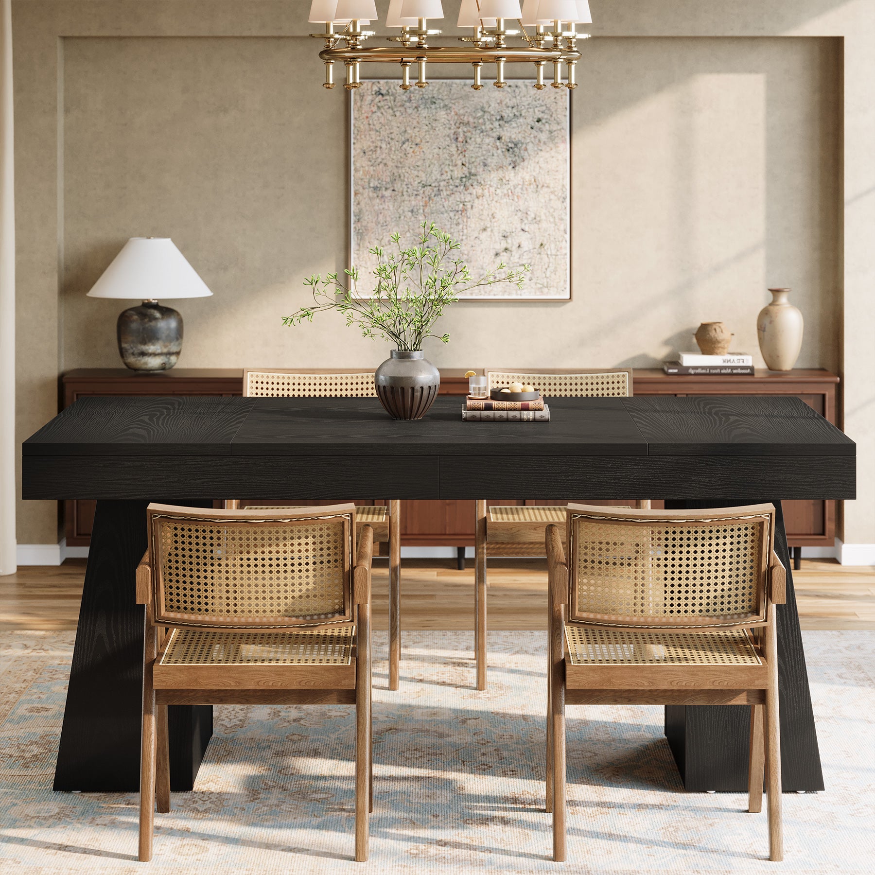55 Inch Farmhouse Double Pedestal Dining Table, Rectangular Table for 4-6 in Small Spaces