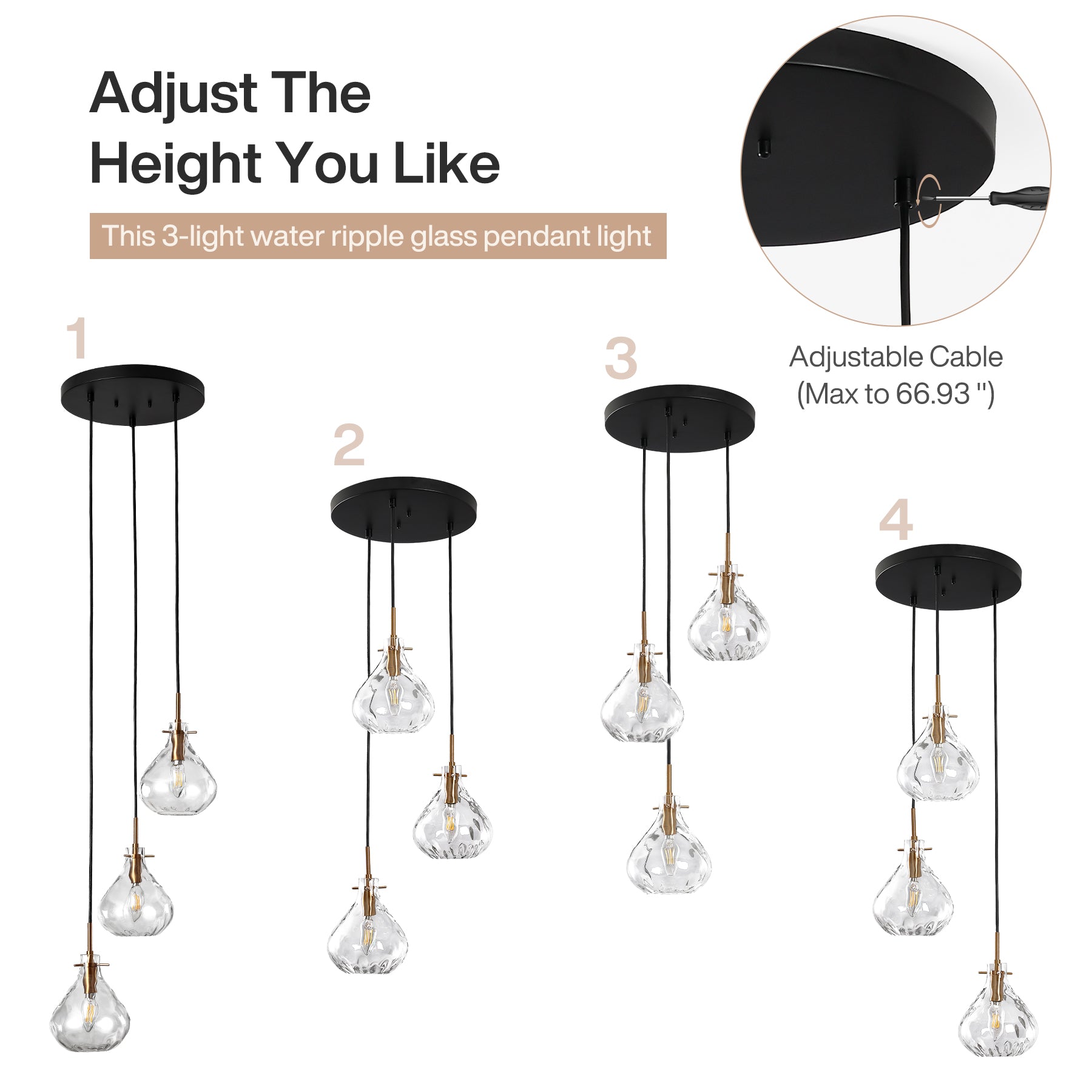 Modern 3-Light Pendant Lighting with Water Ripple Glass Shade, Kitchen Island Lighting with Adjustable Height