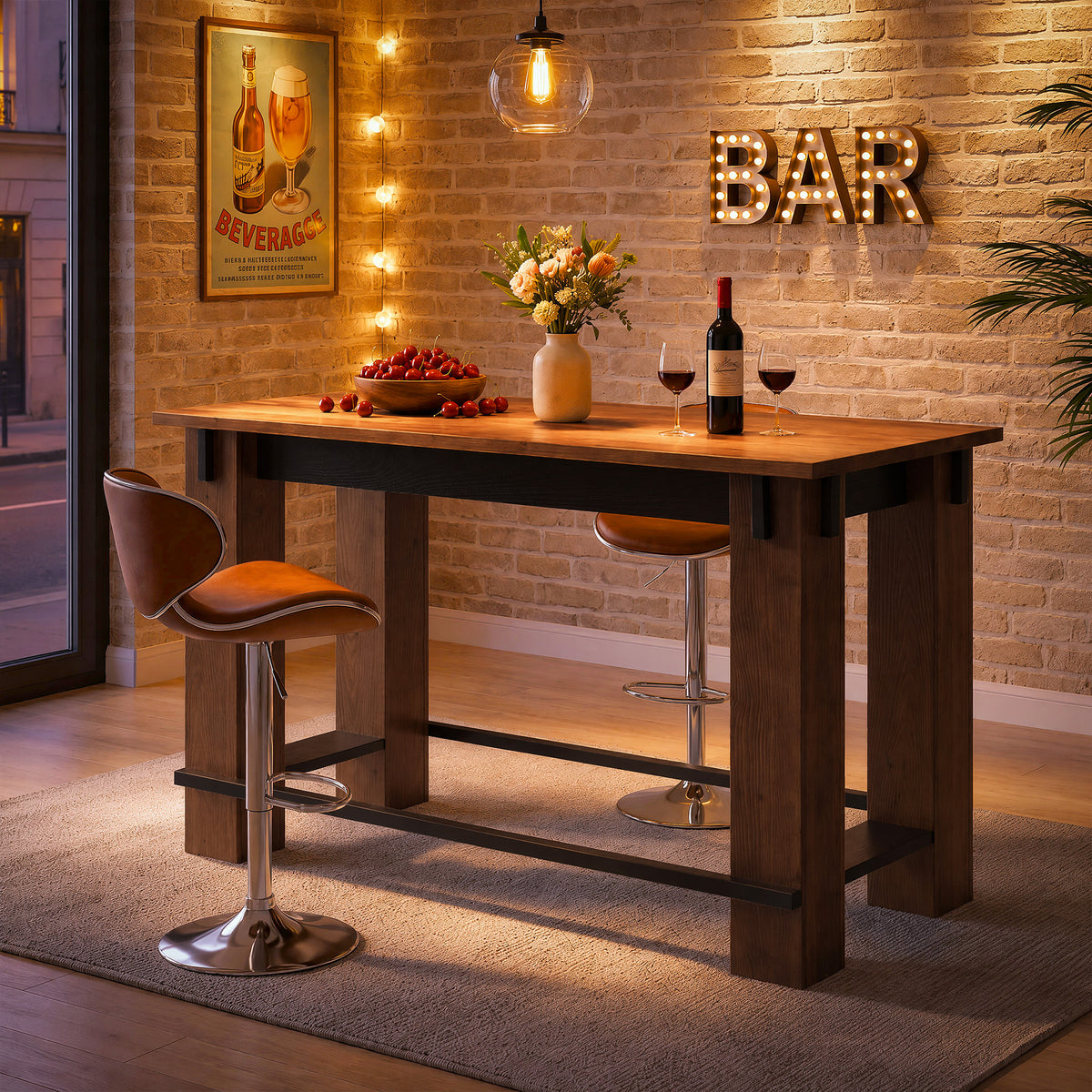 63" Farmhouse Solid Wood Bar Table, Metal Footrest, Counter Height Rectangle Pub Table