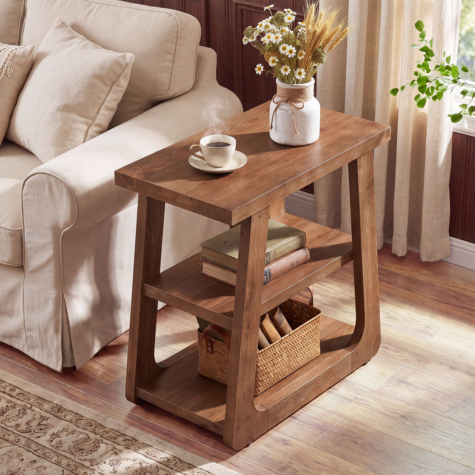 Solid Wood Side Table, Farmhouse End Table with 3-Tier Storage Shelves for Small Spaces