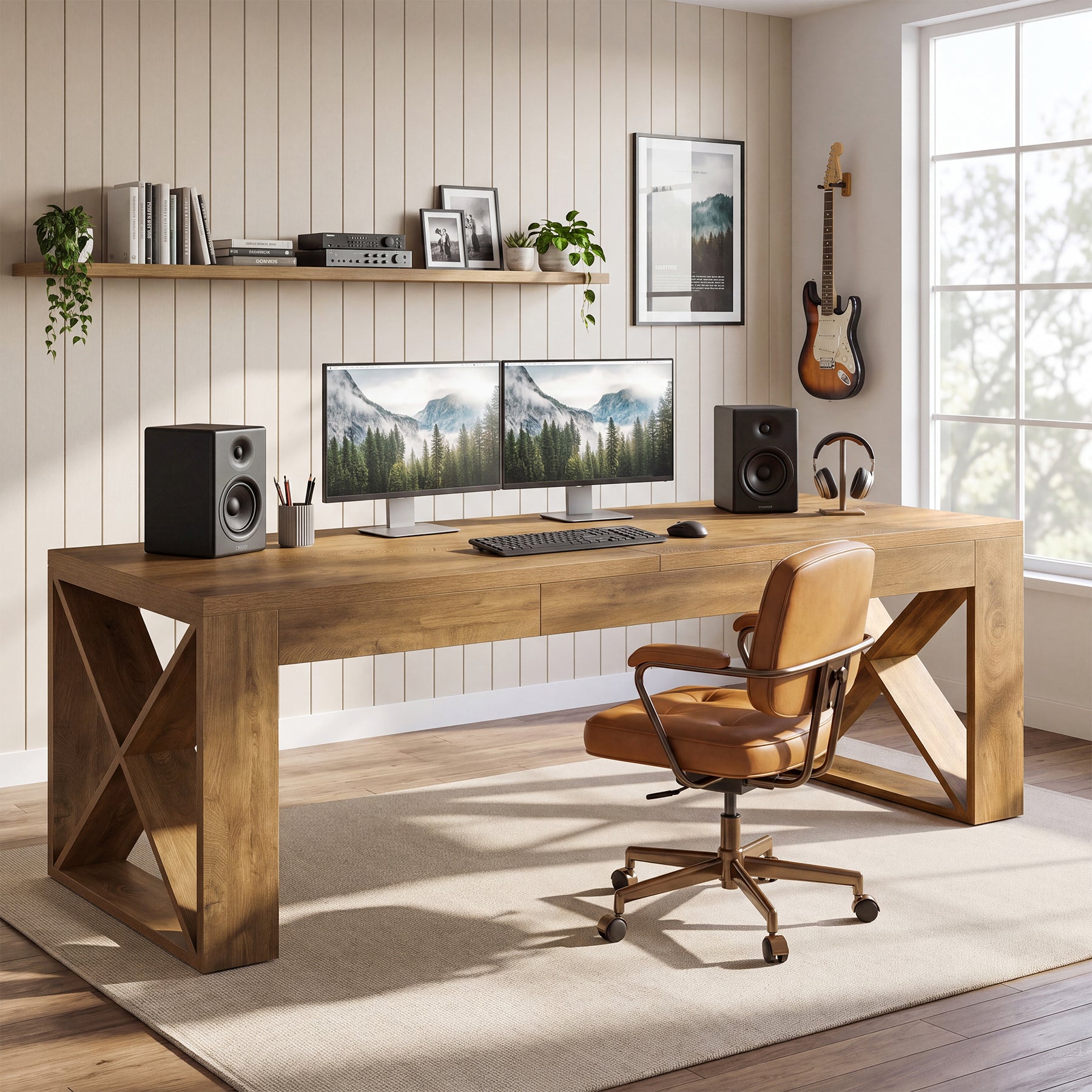 74.8" Two Person Desk, Double Desk with Wide Rectangle Base for Home Office