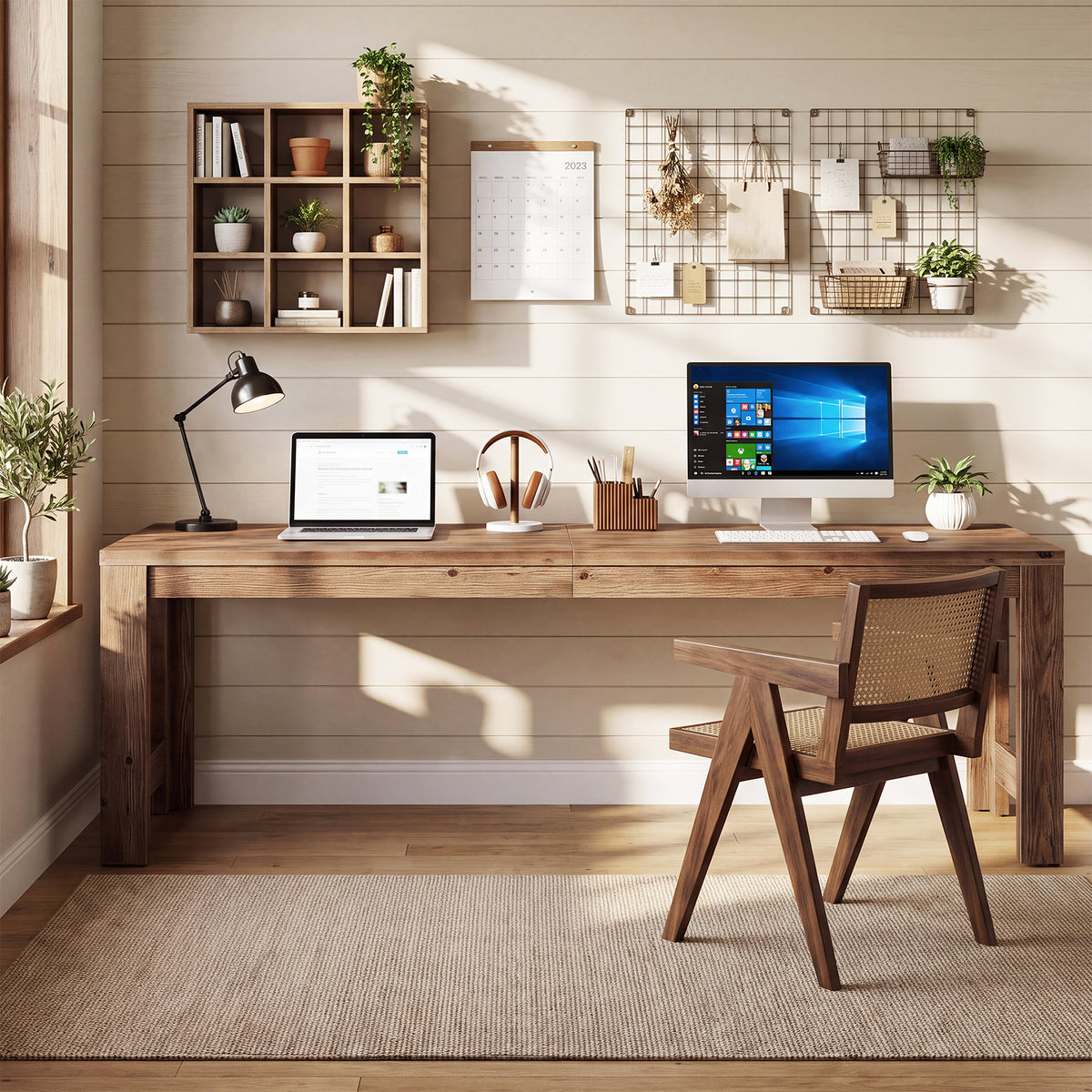 79" Farmhouse Solid Wood Two Person Desk, Long Computer Desk for 2, Writing Table