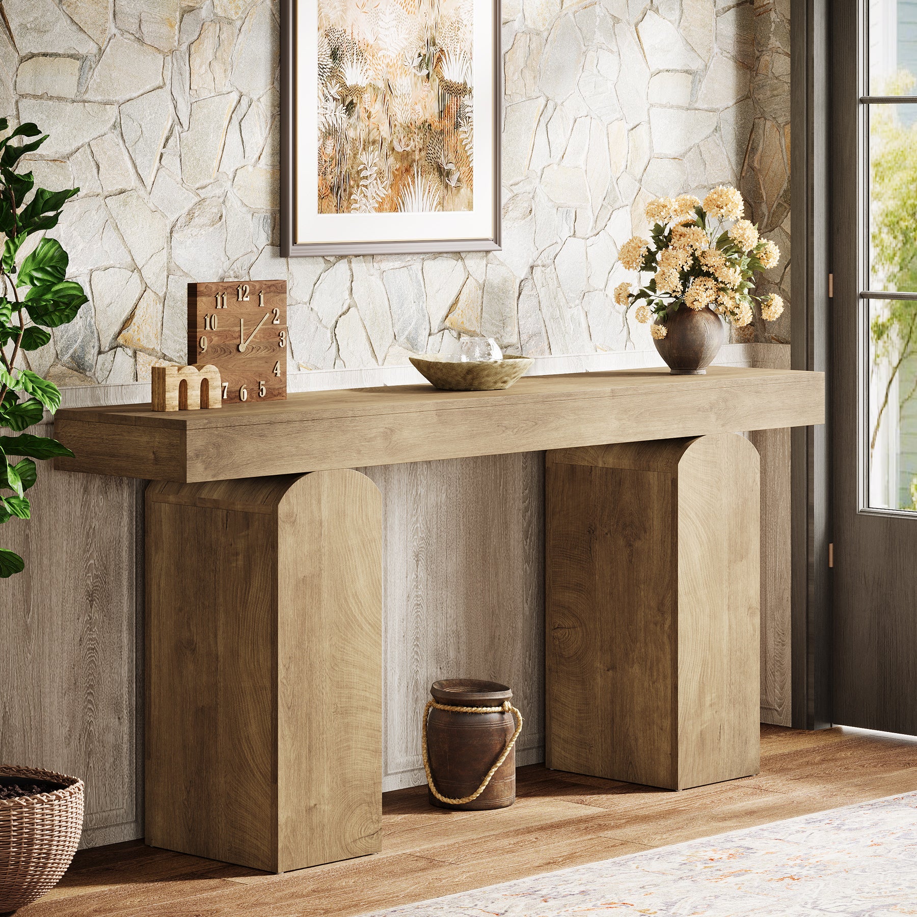 63" Console Table, Farmhouse Entryway Table with 2 Arched Pedestal Legs