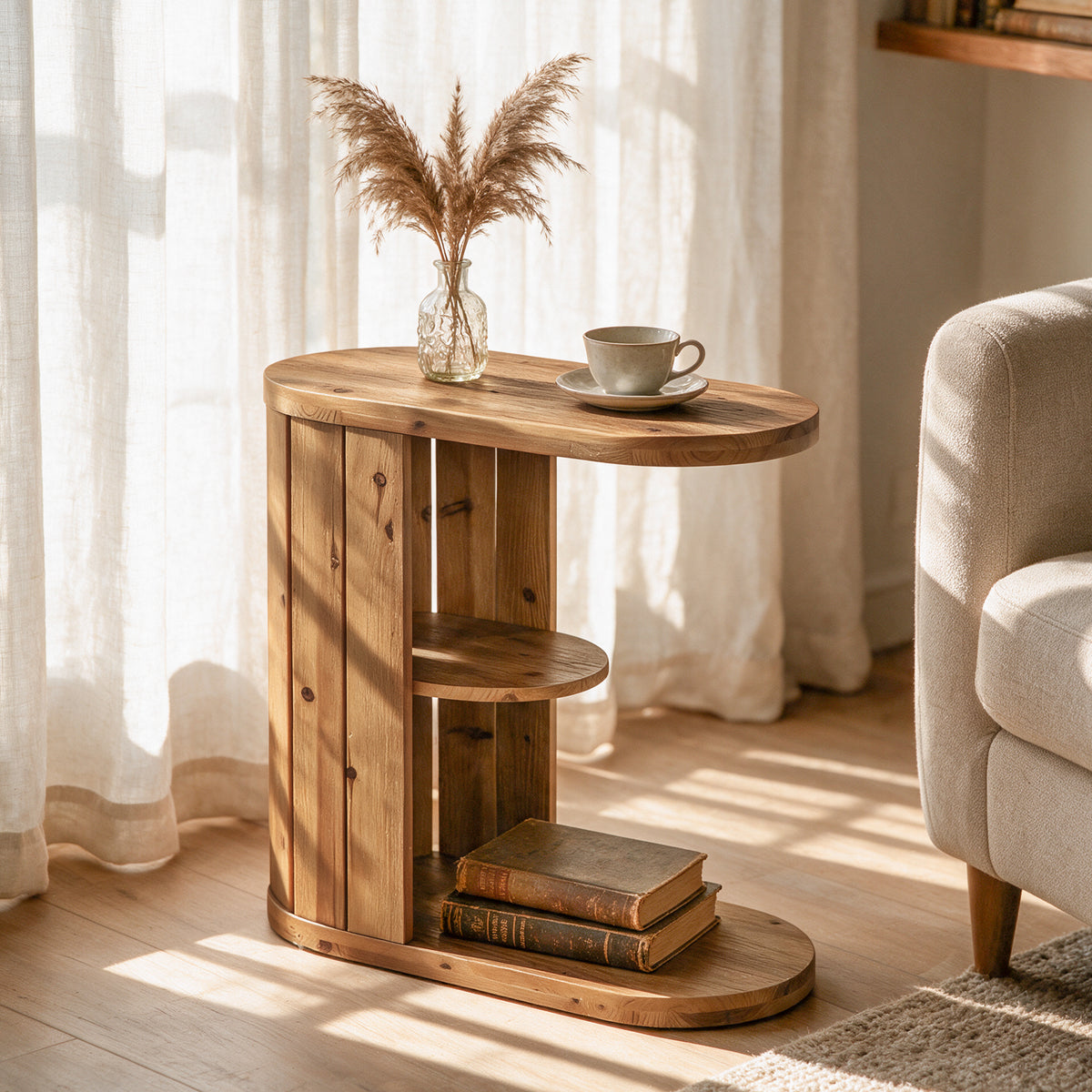 Rustic Solid Wood C-Shaped Side Table with Storage, Narrow Sofa End Table