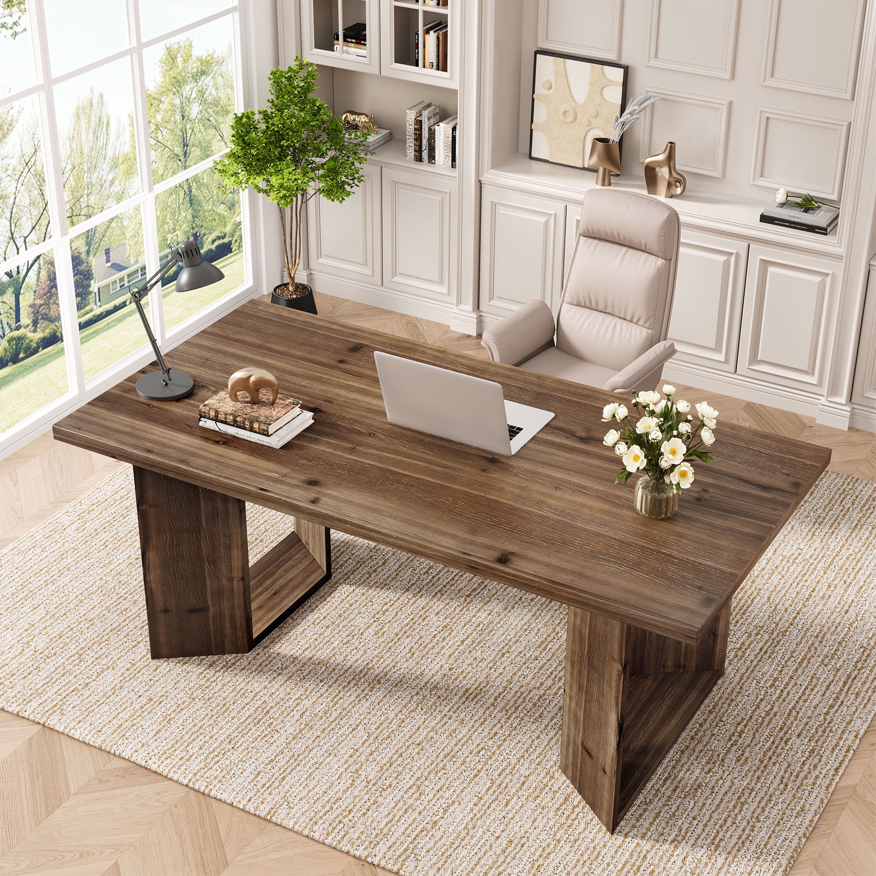 63" Solid Wood Executive Desk, Rectangular Office Computer Desk with U-Shaped Frames