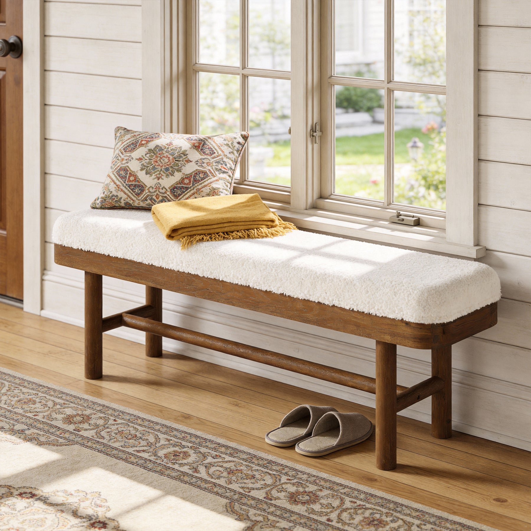 Solid Wood Shoe Bench, 55" Upholstered Entryway Bench with Removable Cushion