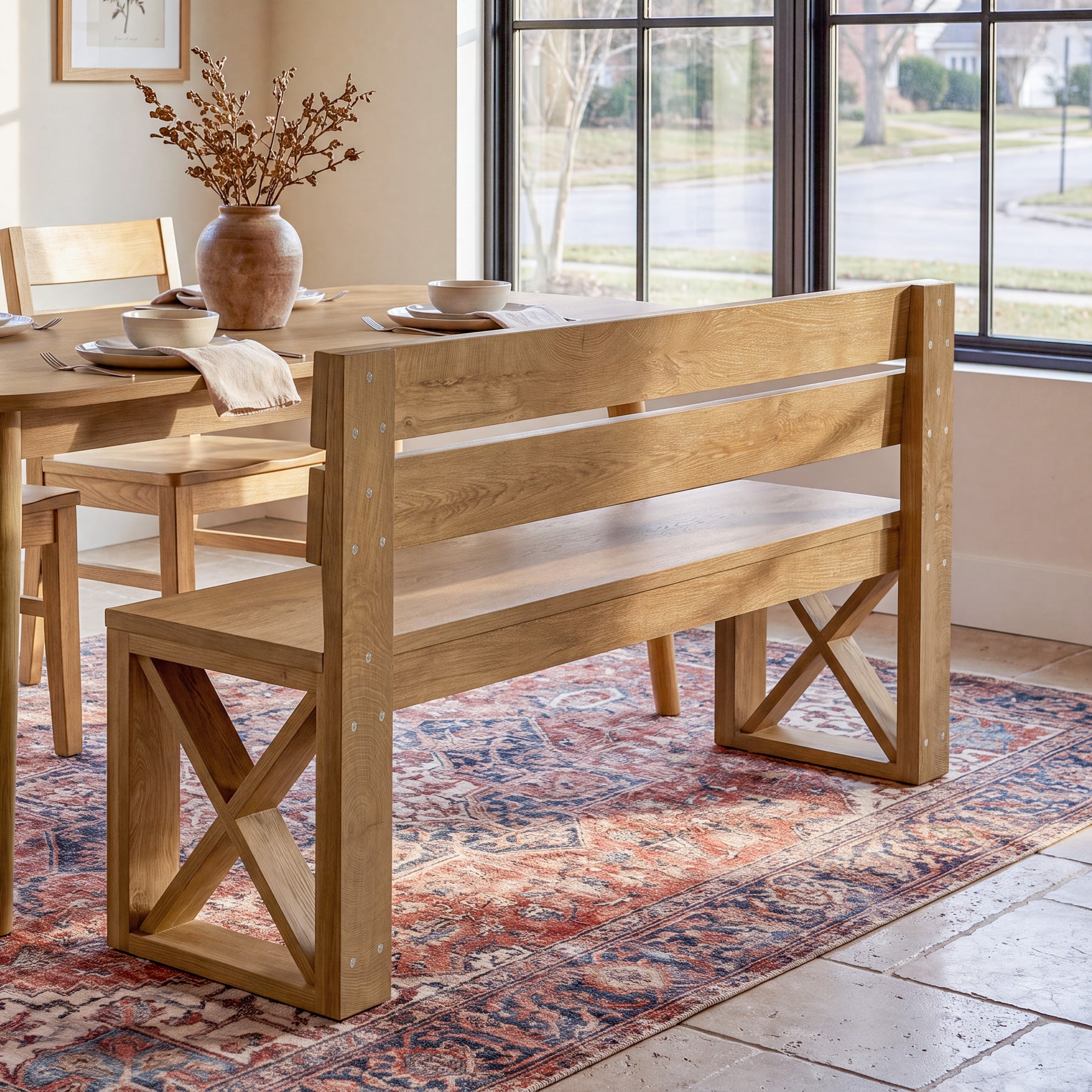 47" Dining Bench with Back, Farmhouse Kitchen Bench, X-Brace, Dining Room