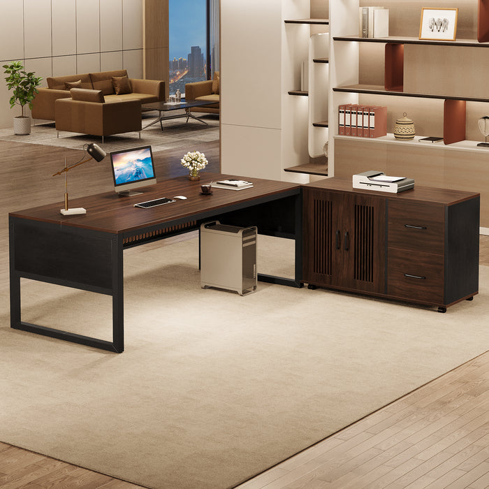 63" Executive Desk, Modern L-Shaped Computer Desk with Mobile File Cabinet